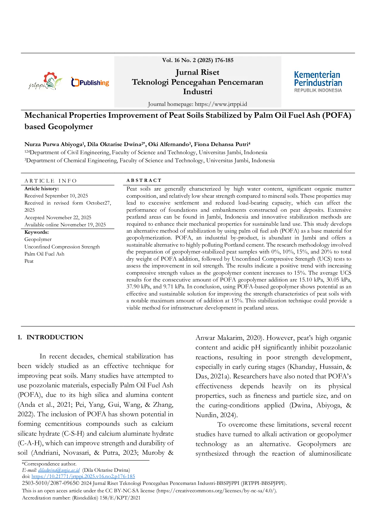 JURIS Mechanical Properties Improvement of Peat Soils Stabilized by Palm Oil Fuel Ash POFA based Geopolymer