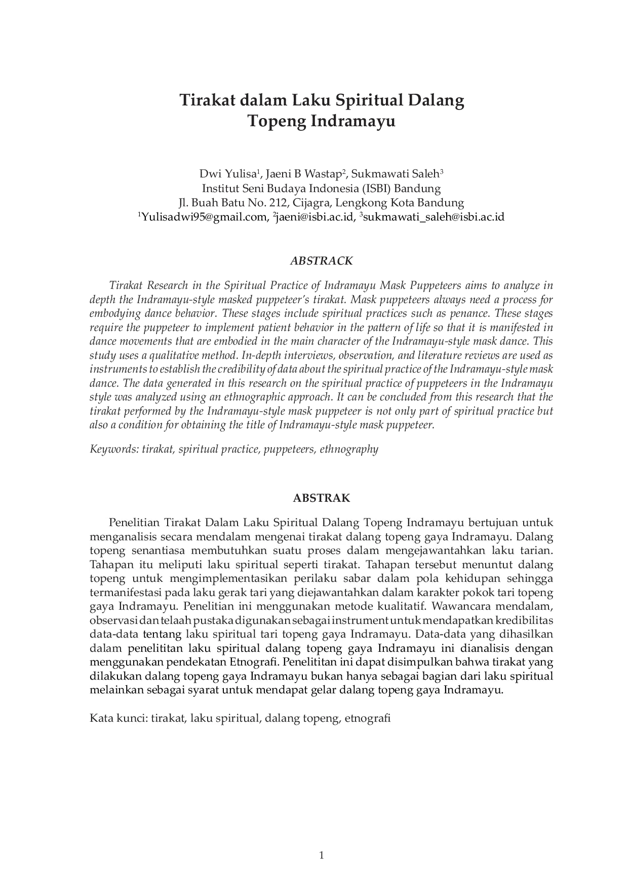 JURIS Tirakat Dalam Laku Spiritual Dalang Topeng Indramayu