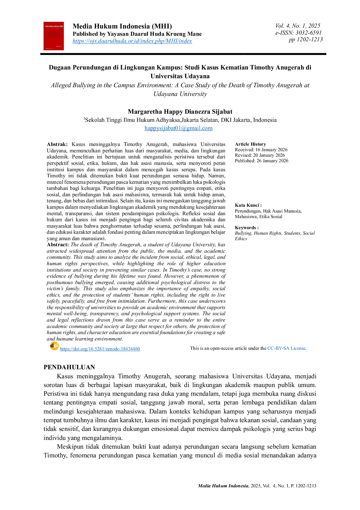 JURIS Dugaan Perundungan di Lingkungan Kampus Studi Kasus Kematian Timothy Anugerah di Universitas Udayana