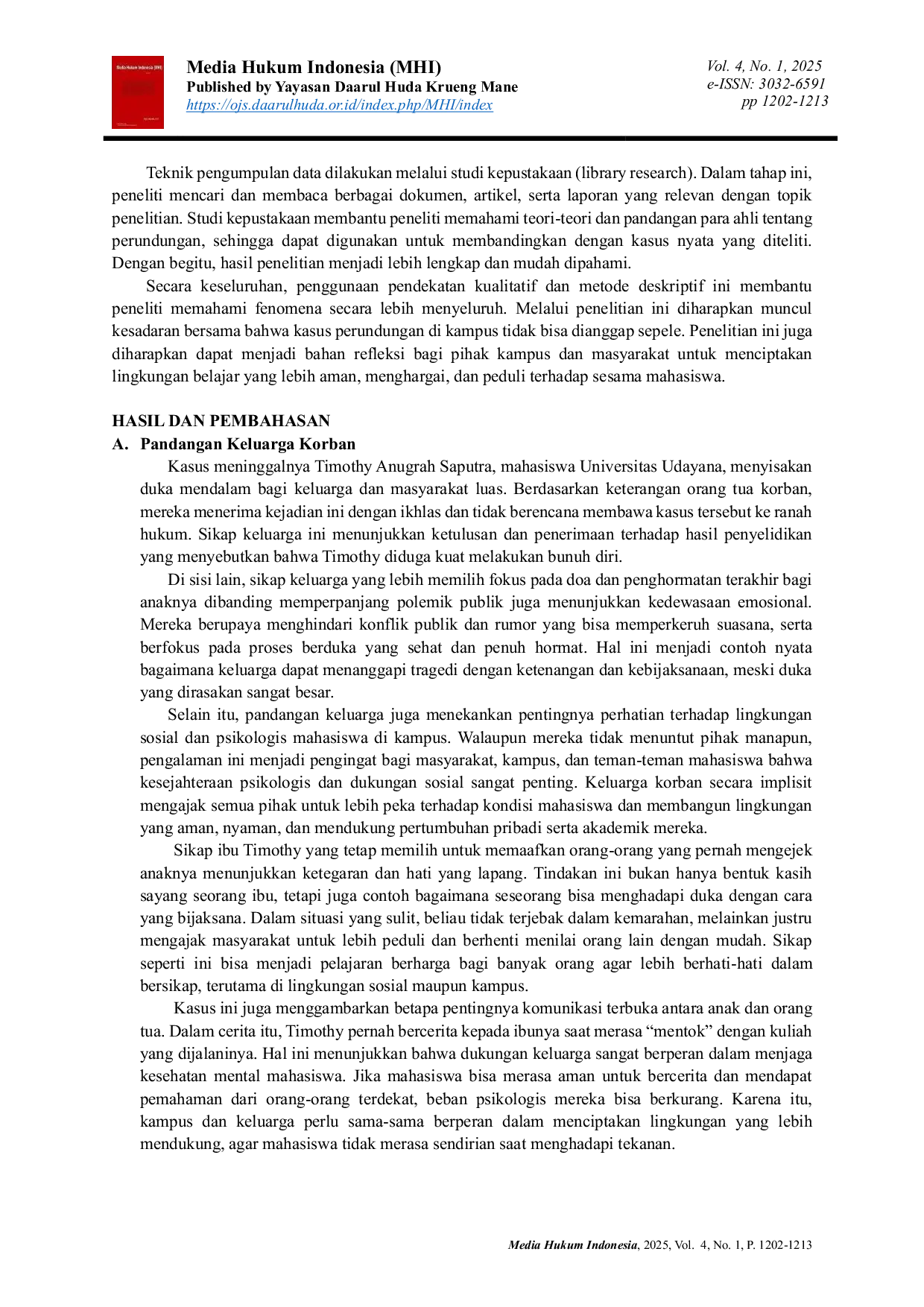 JURIS Dugaan Perundungan di Lingkungan Kampus Studi Kasus Kematian Timothy Anugerah di Universitas Udayana