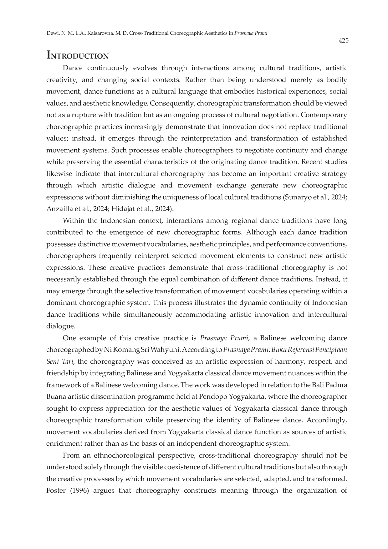 JURIS Cross Traditional Choreographic Aesthetics in Prasnaya Prami Movement Transformation within a Dominant Balinese Choreographic System