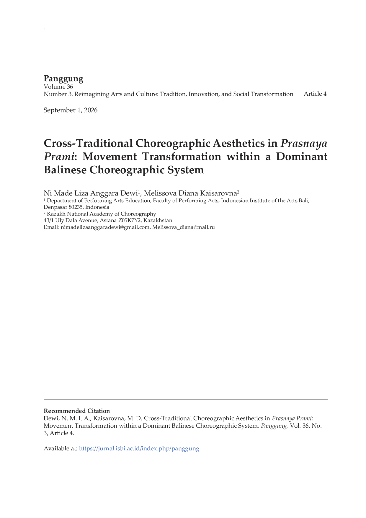 JURIS Cross Traditional Choreographic Aesthetics in Prasnaya Prami Movement Transformation within a Dominant Balinese Choreographic System