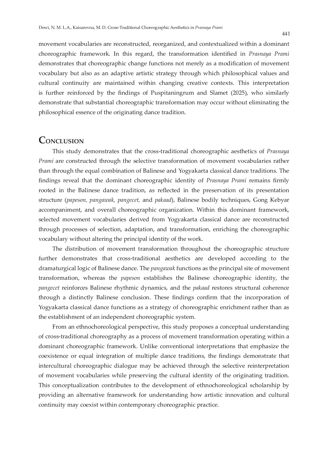 JURIS Cross Traditional Choreographic Aesthetics in Prasnaya Prami Movement Transformation within a Dominant Balinese Choreographic System