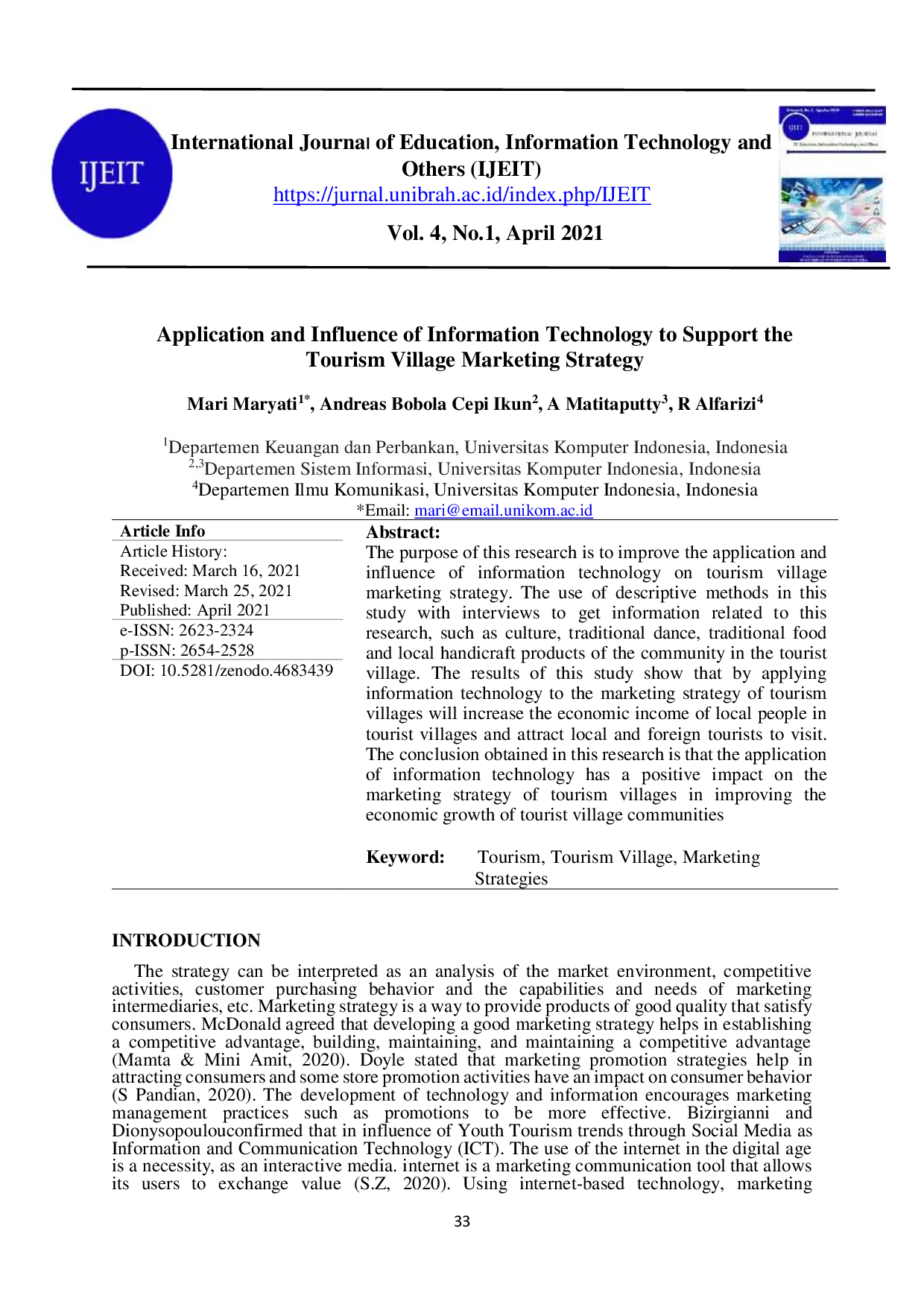 JURIS Application and Influence of Information Technology to Support the Tourism Village Marketing Strategy