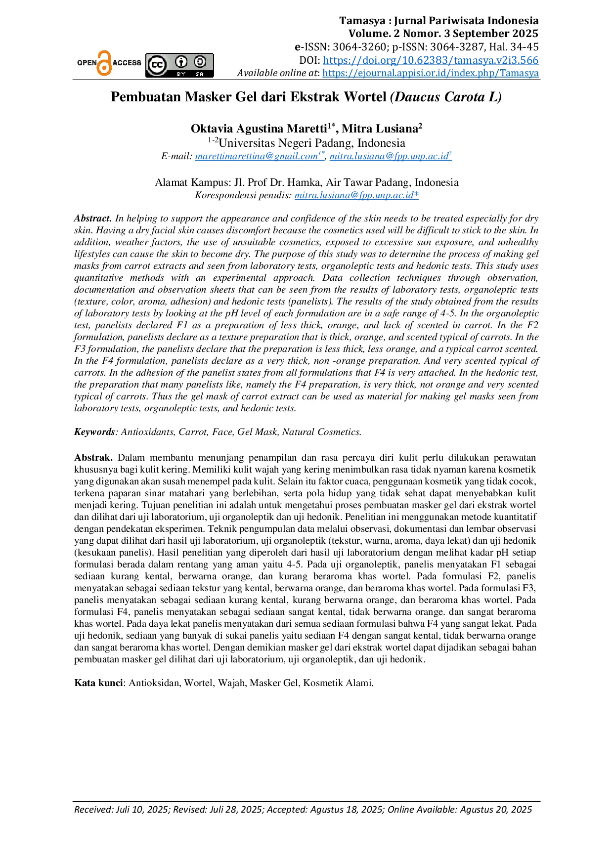 JURIS Pembuatan Masker Gel dari Ekstrak Wortel Daucus Carota L