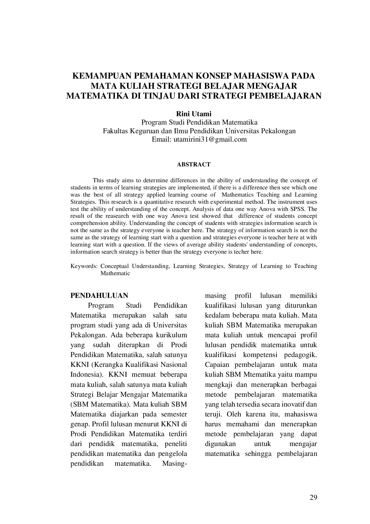 juris Kemampuan Pemahaman Konsep Mahasiswa Pada Mata Kuliah Strategi Belajar Mengajar Matematika Di Tinjau Dari Strategi Pembelajaran