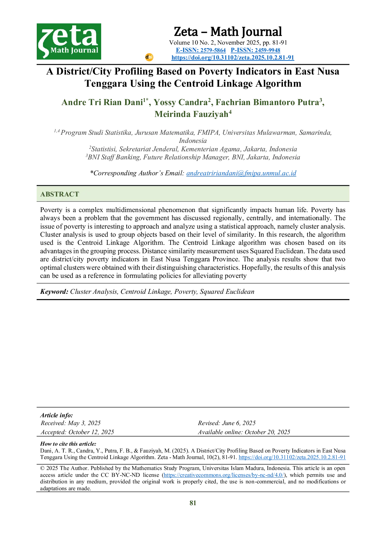 JURIS A District City Profiling Based on Poverty Indicators in East Nusa Tenggara Using the Centroid Linkage Algorithm