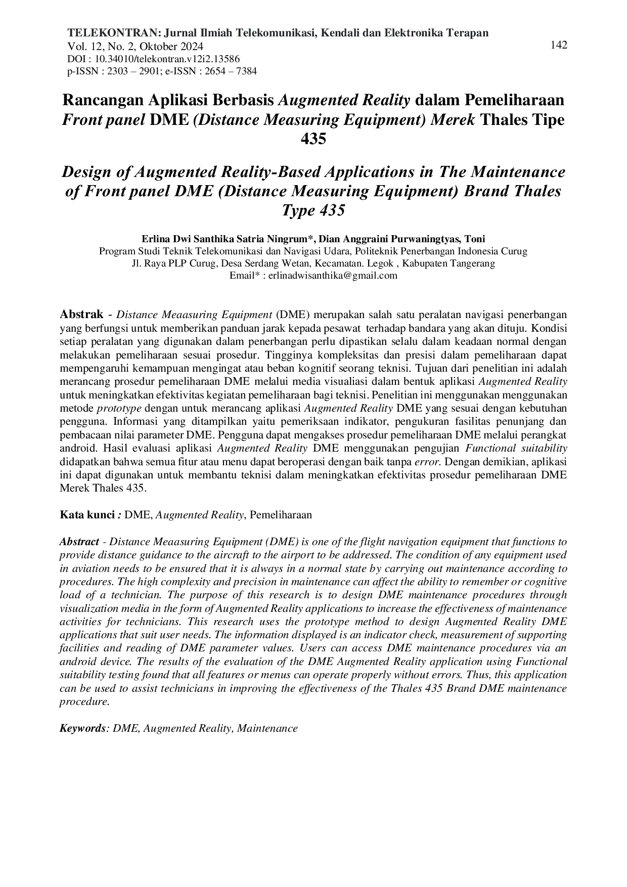 JURIS Rancangan Aplikasi Berbasis Augmented Reality Dalam Pemeliharaan Front panel DME Distance Measuring Equipment Merek Thales Tipe 435