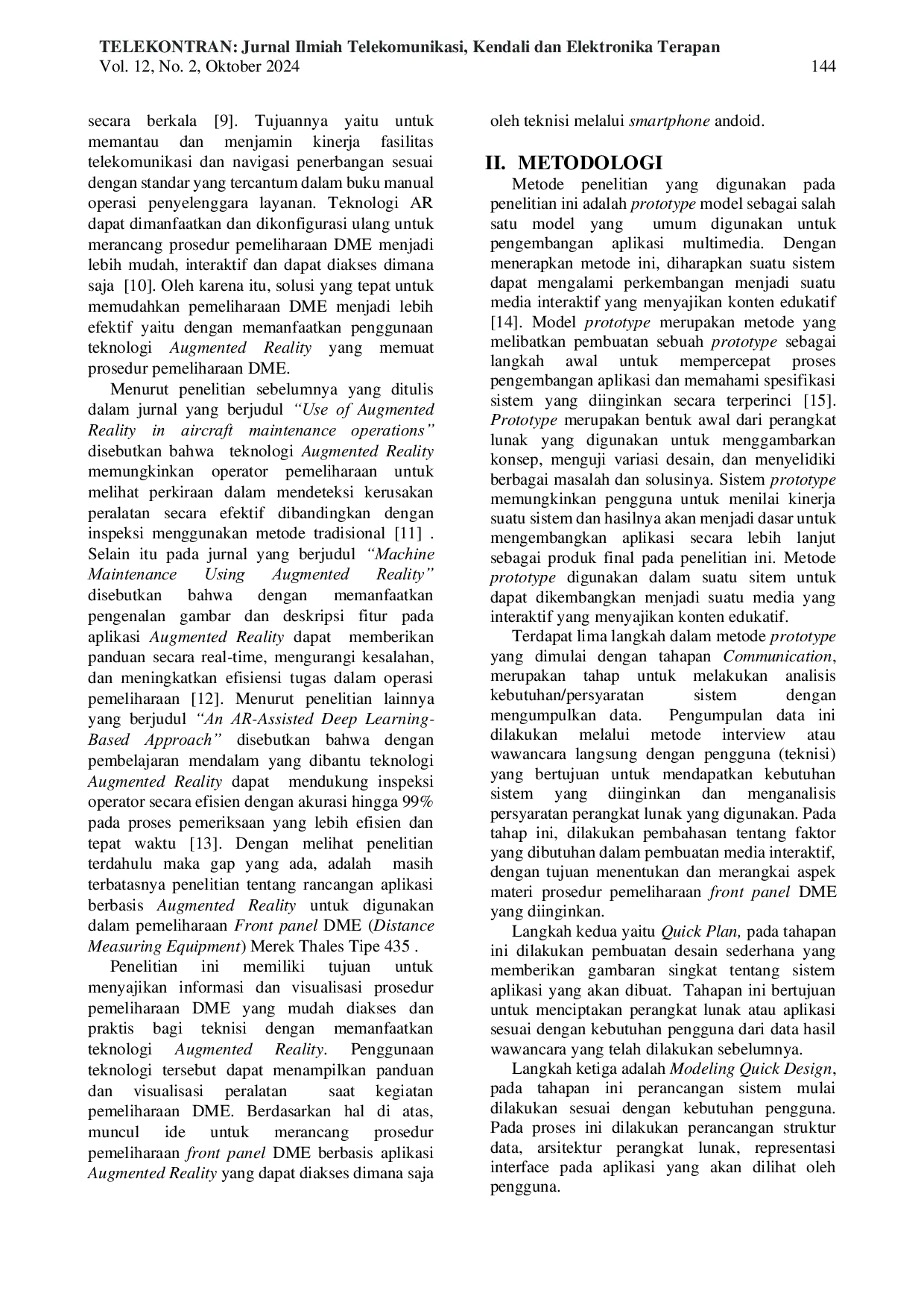JURIS Rancangan Aplikasi Berbasis Augmented Reality Dalam Pemeliharaan Front panel DME Distance Measuring Equipment Merek Thales Tipe 435