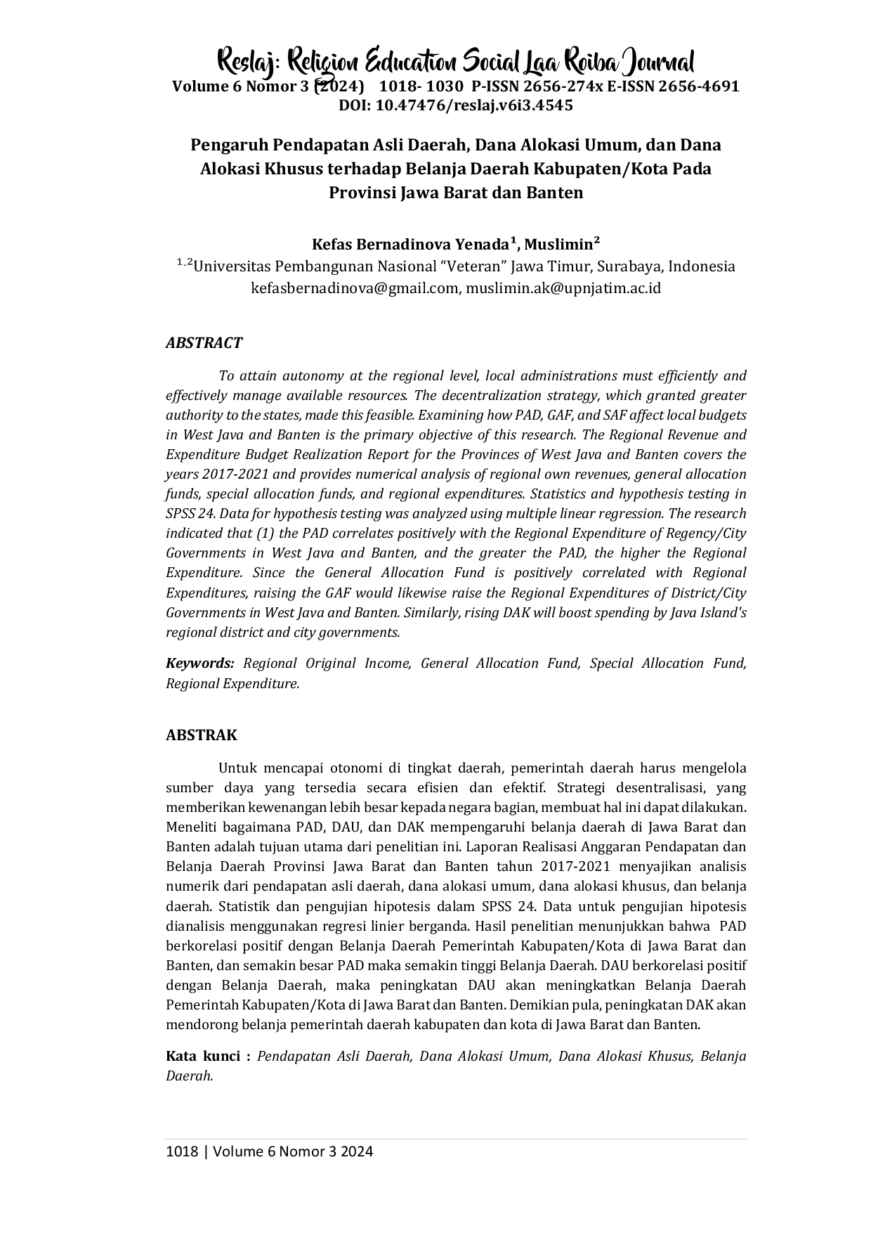 JURIS Pengaruh Pendapatan Asli Daerah Dana Alokasi Umum dan Dana Alokasi Khusus terhadap Belanja Daerah Kabupaten Kota Pada Provinsi Jawa Barat dan Banten