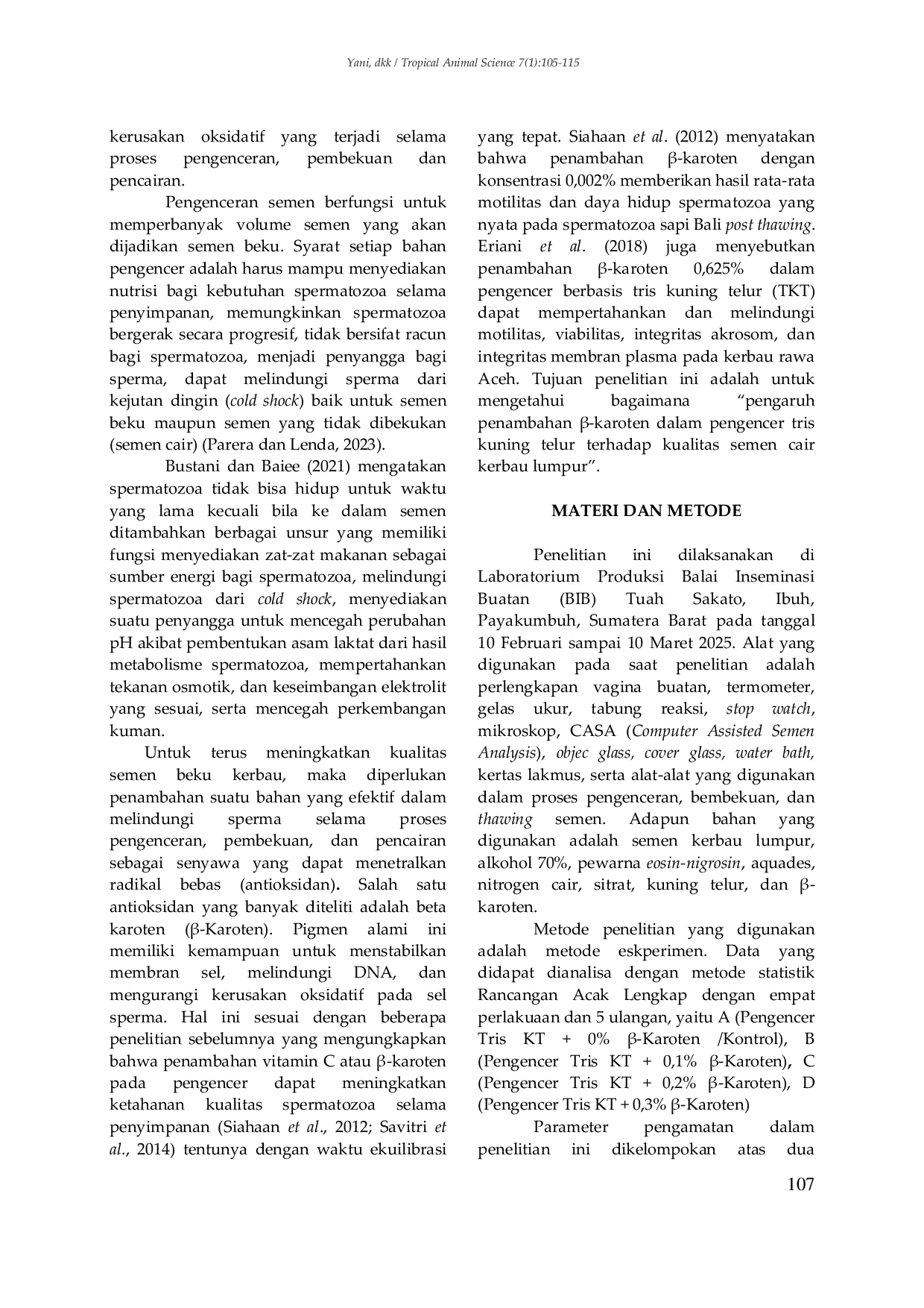 JURIS Pengaruh Penambahan Beta Karoten dalam Pengencer Tris Kuning Telur Terhadap Kualitas Semen Cair Kerbau Lumpur Swamp Buffalo