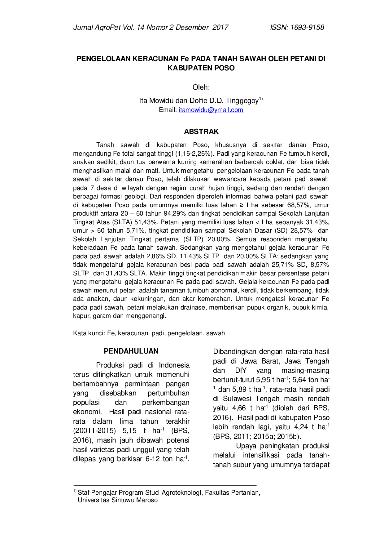 JURIS PENGELOLAAN KERACUNAN Fe PADA TANAH SAWAH OLEH PETANI DI KABUPATEN POSO