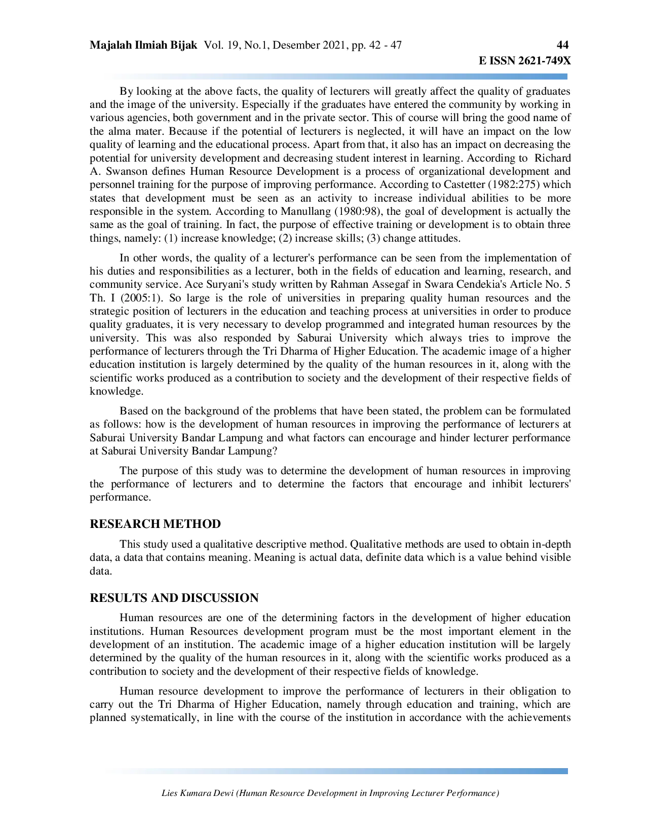 JURIS Human Resource Development in Improving Lecturer Performance