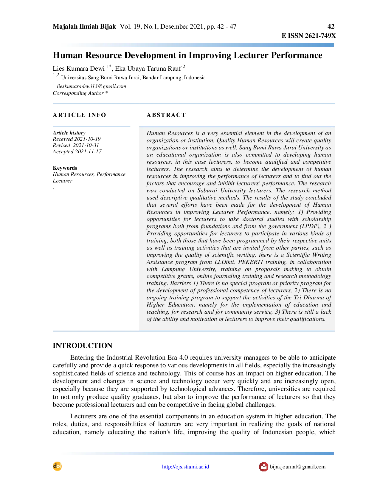 JURIS Human Resource Development in Improving Lecturer Performance