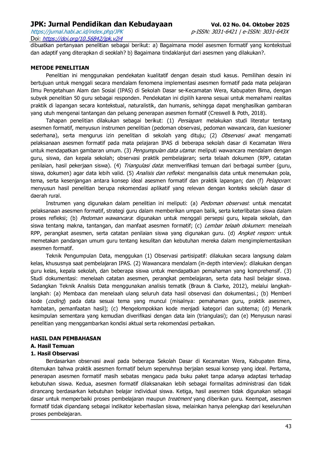 JURIS Analisis Penerapan Asesmen Formatif Pada Mata Pelajaran IPAS untuk Sekolah Dasar