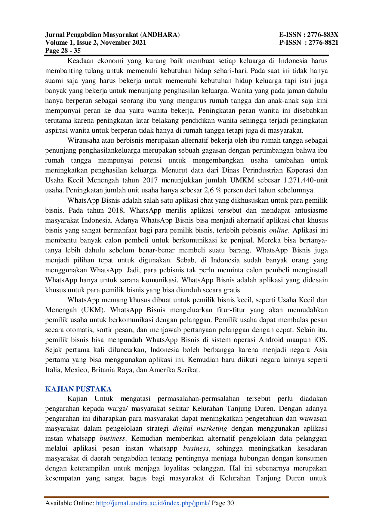 JURIS Memanfaatkan WhatsApp Business Sebagai Sarana Penunjang Digital Marketing UMKM Di Tengah Pandemi Covid 19 Di Kelurahan Tanjung Duren