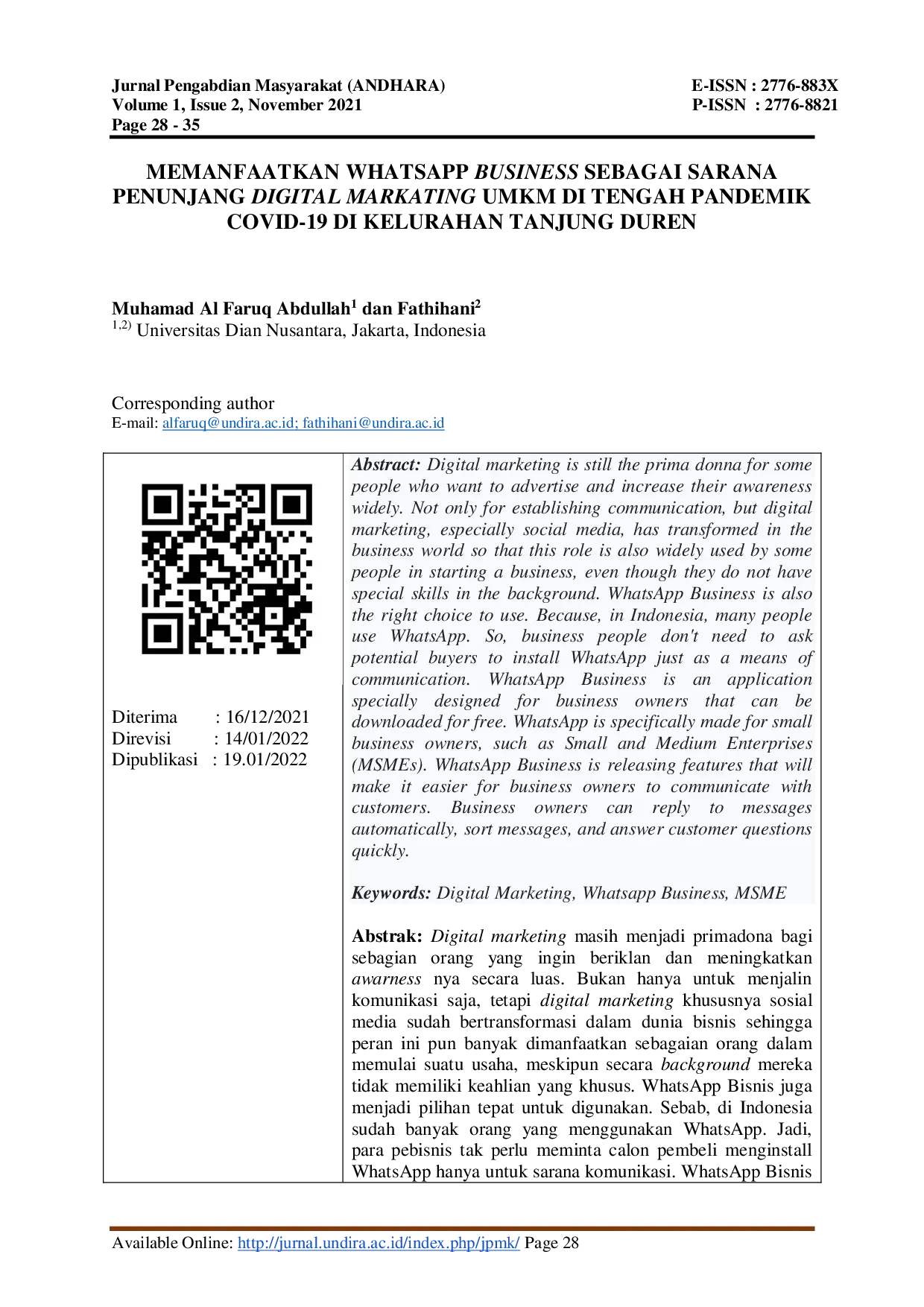 JURIS Memanfaatkan WhatsApp Business Sebagai Sarana Penunjang Digital Marketing UMKM Di Tengah Pandemi Covid 19 Di Kelurahan Tanjung Duren