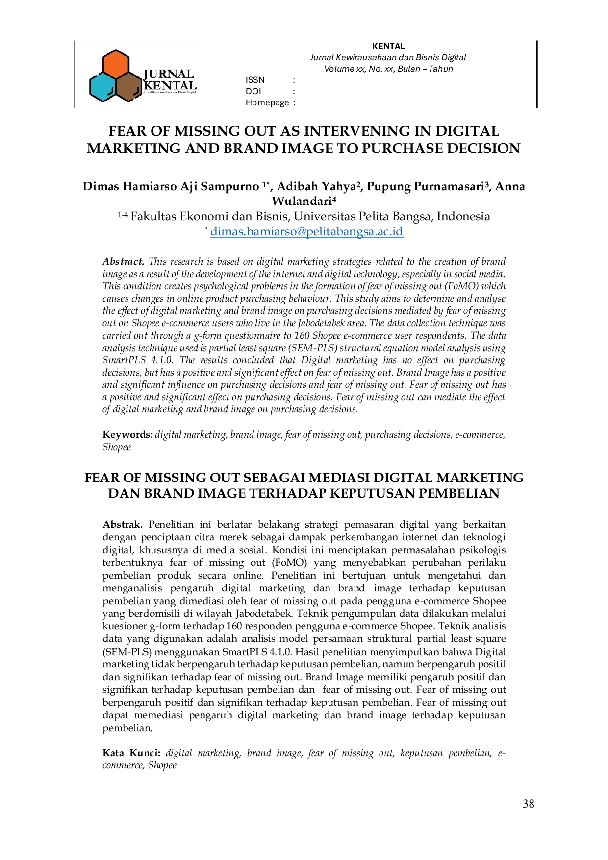 JURIS Fear of Missing Out as Intervening in Digital Marketing and Brand Image to Purchase Decision