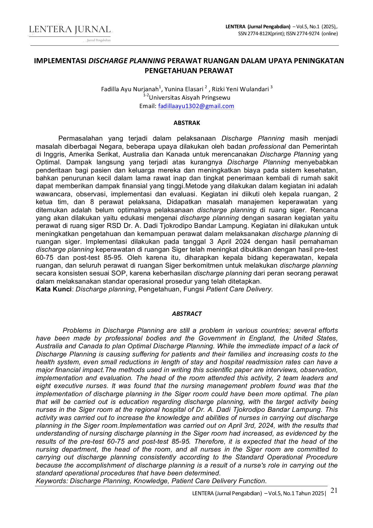 JURIS IMPLEMENTASI DISCHARGE PLANNING PERAWAT RUANGAN DALAM UPAYA PENINGKATAN PENGETAHUAN PERAWAT