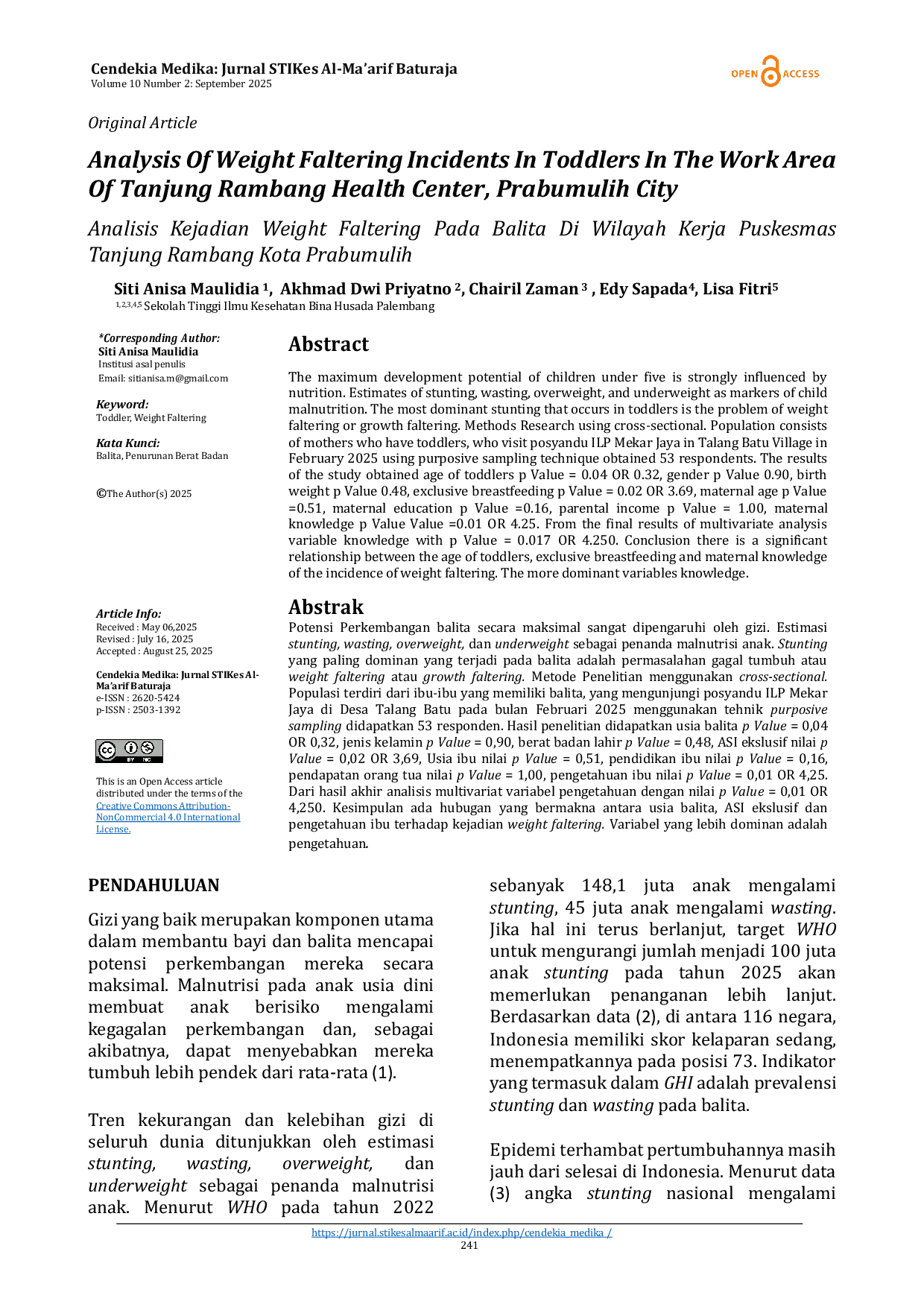 JURIS Analisis Kejadian Weight Faltering Pada Balita Di Wilayah Kerja Puskesmas Tanjung Rambang Kota Prabumulih