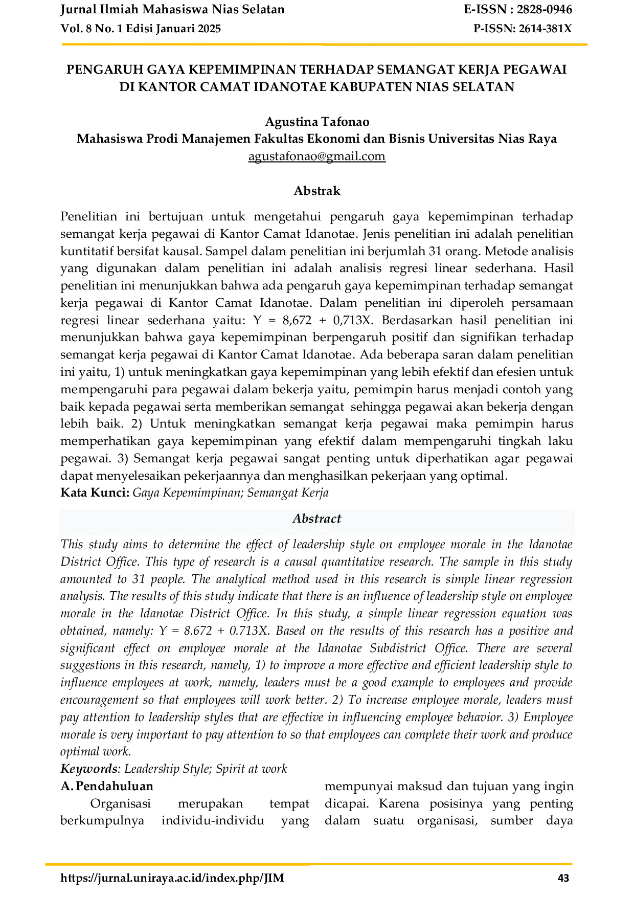 JURIS Pengaruh Gaya Kepemimpinan Terhadap Semangat Kerja Pegawai Di Kantor Camat Idanotae Kabupaten Nias Selatan