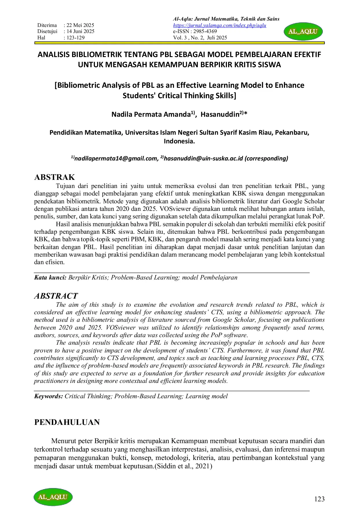 JURIS Analisis Bibliometrik Tentang PBL Sebagai Model Pembelajaran Efektif Untuk Mengasah Kemampuan Berpikir Kritis Siswa