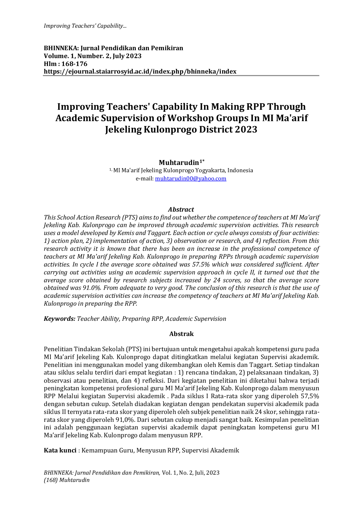 JURIS Improving Teachers Capability In Making RPP Through Academic Supervision Of Workshop Groups In MI Ma arif Jekeling Kulonprogo District 2023