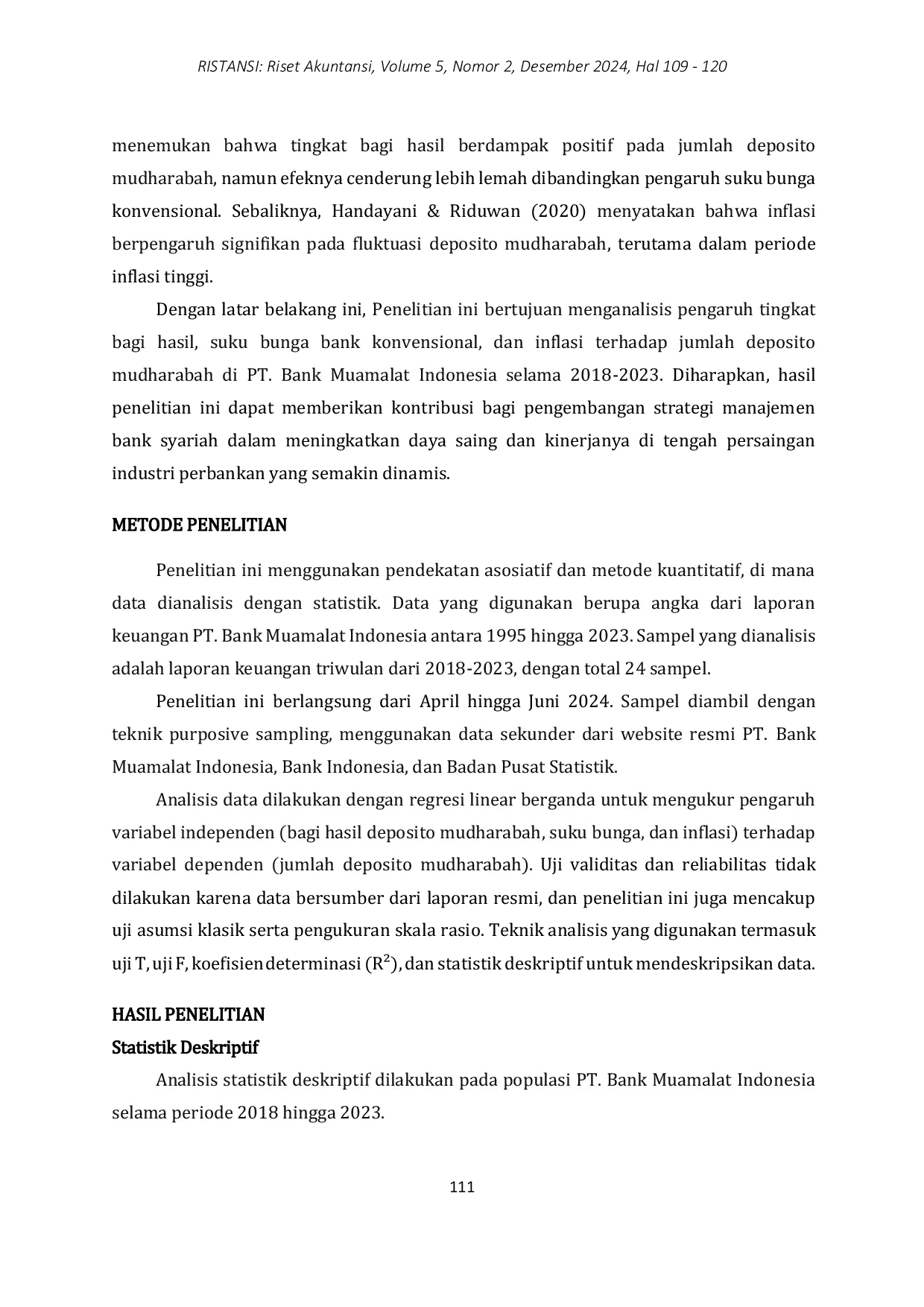 JURIS Analisis Dinamika Bagi Hasil Deposito Mudharabah Suku Bunga Dan Inflasi Terhadap Jumlah Deposito Mudharabah Pada Pt Bank Muamalat Indonesia 2018 2023