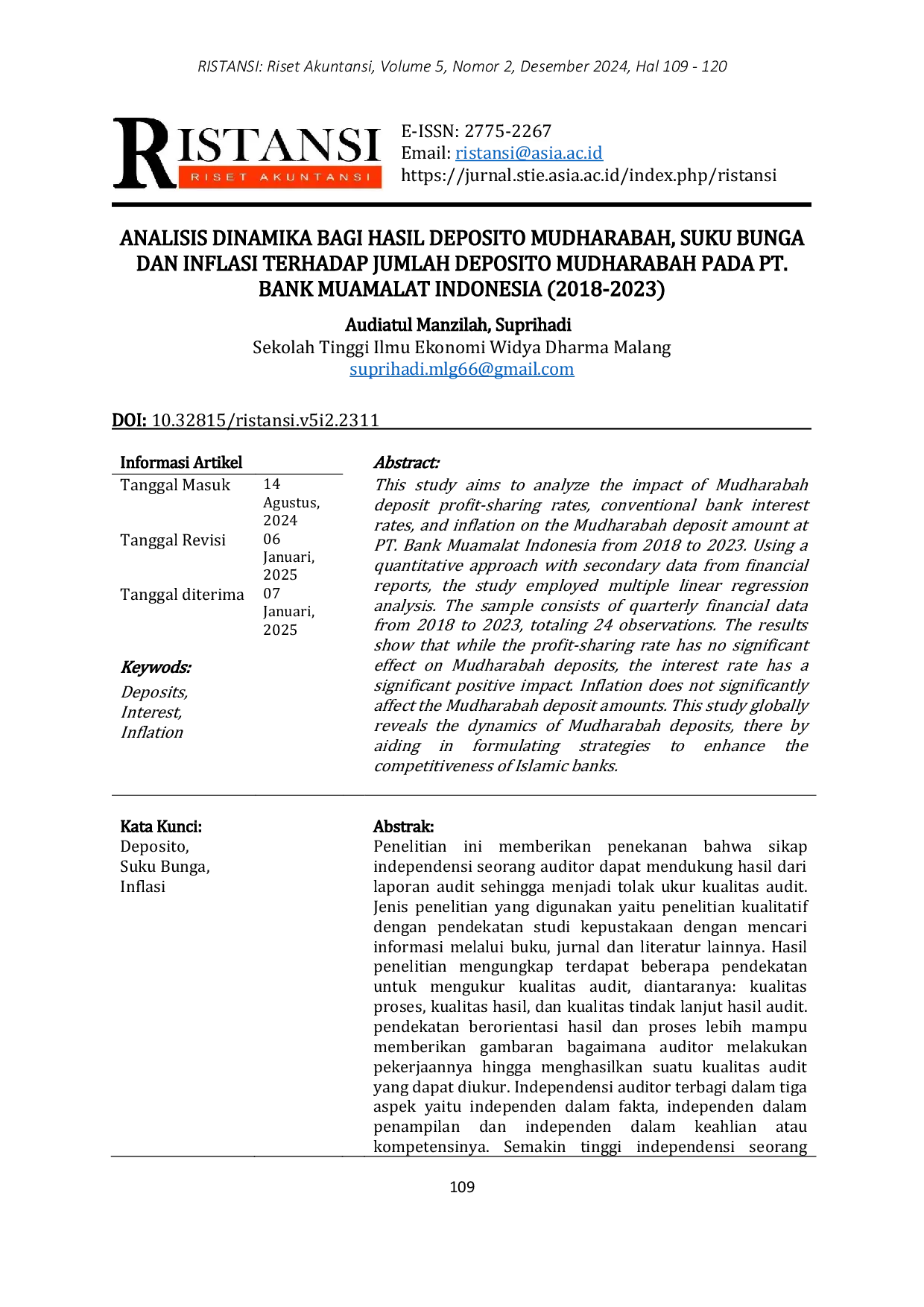 JURIS Analisis Dinamika Bagi Hasil Deposito Mudharabah Suku Bunga Dan Inflasi Terhadap Jumlah Deposito Mudharabah Pada Pt Bank Muamalat Indonesia 2018 2023