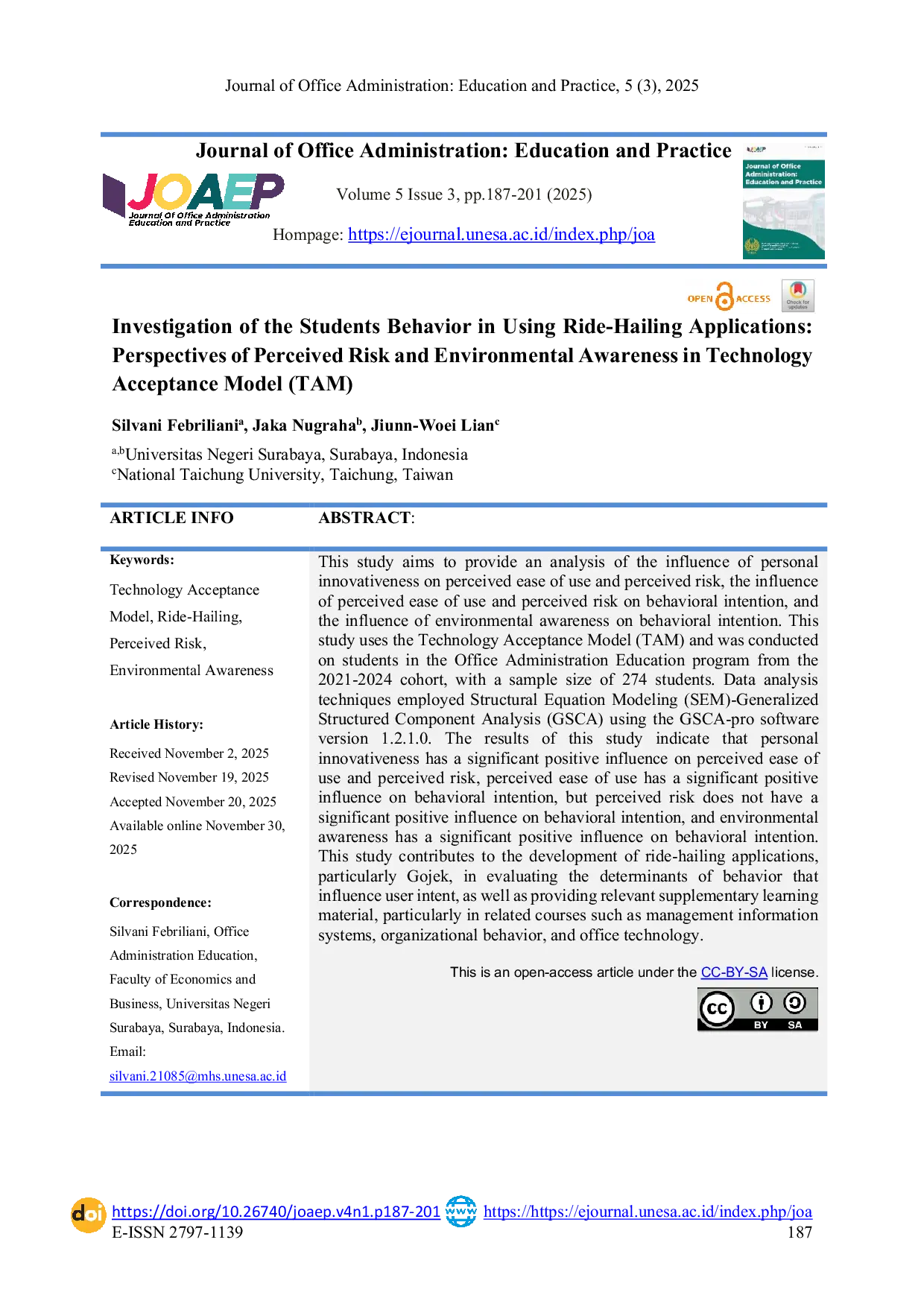 JURIS Investigation of the Students Behavior in Using Ride Hailing Applications Perspectives of Perceived Risk and Environmental Awareness in Technology Acceptance Model TAM