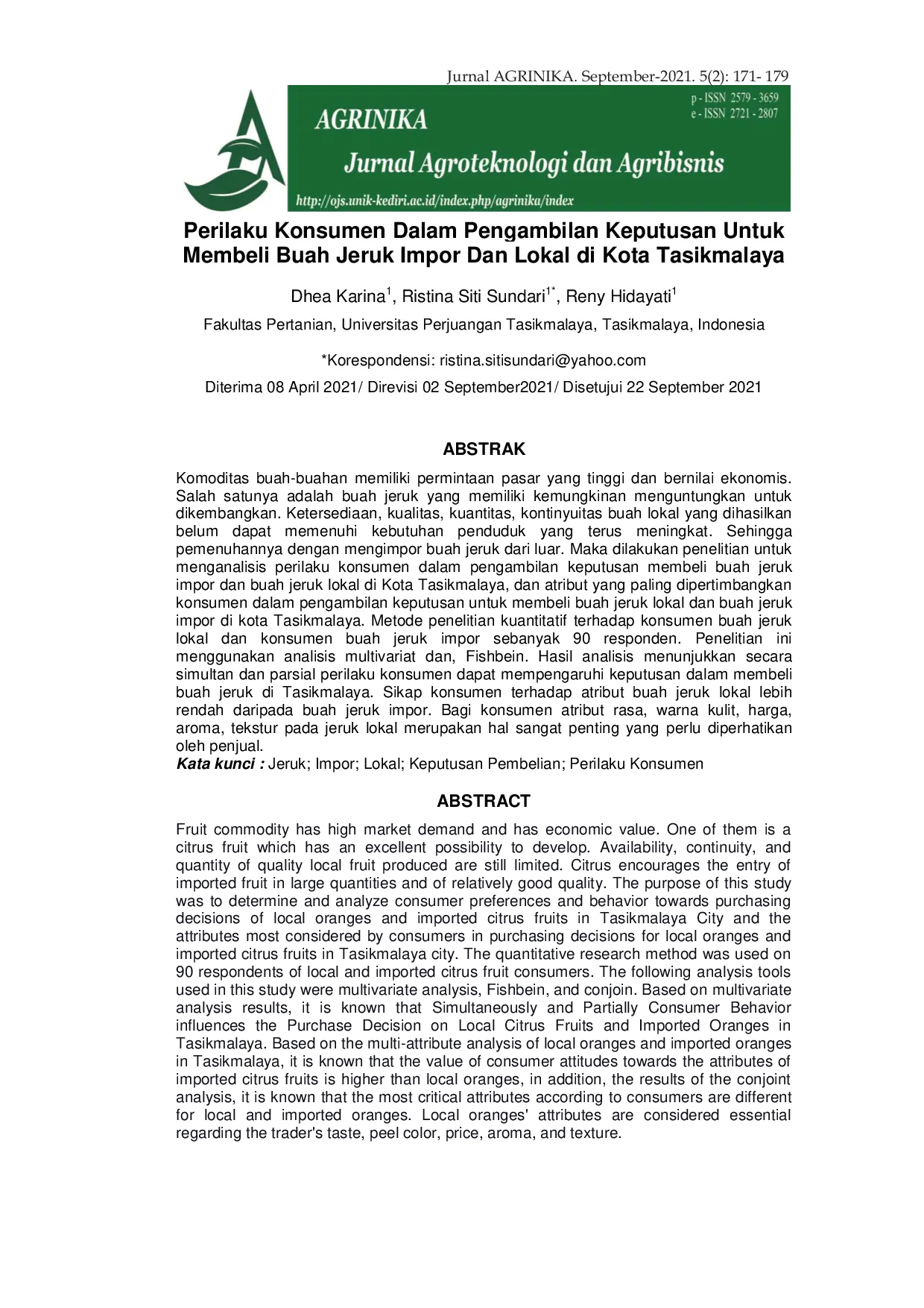 JURIS Perilaku Konsumen Dalam Pengambilan Keputusan Untuk Membeli Buah Jeruk Impor Dan Lokal di Kota Tasikmalaya