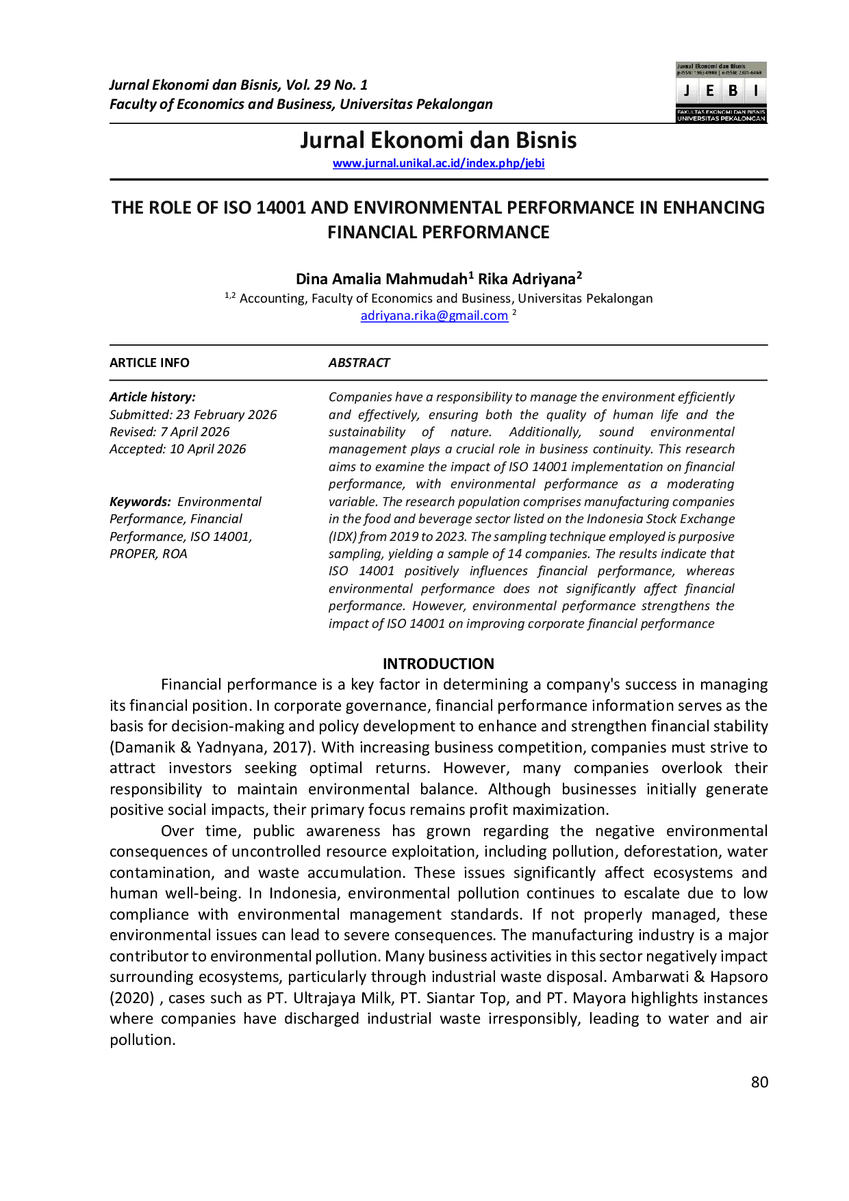 JURIS The Role of ISO 14001 and Environmental Performance in Enhancing Financial Performance