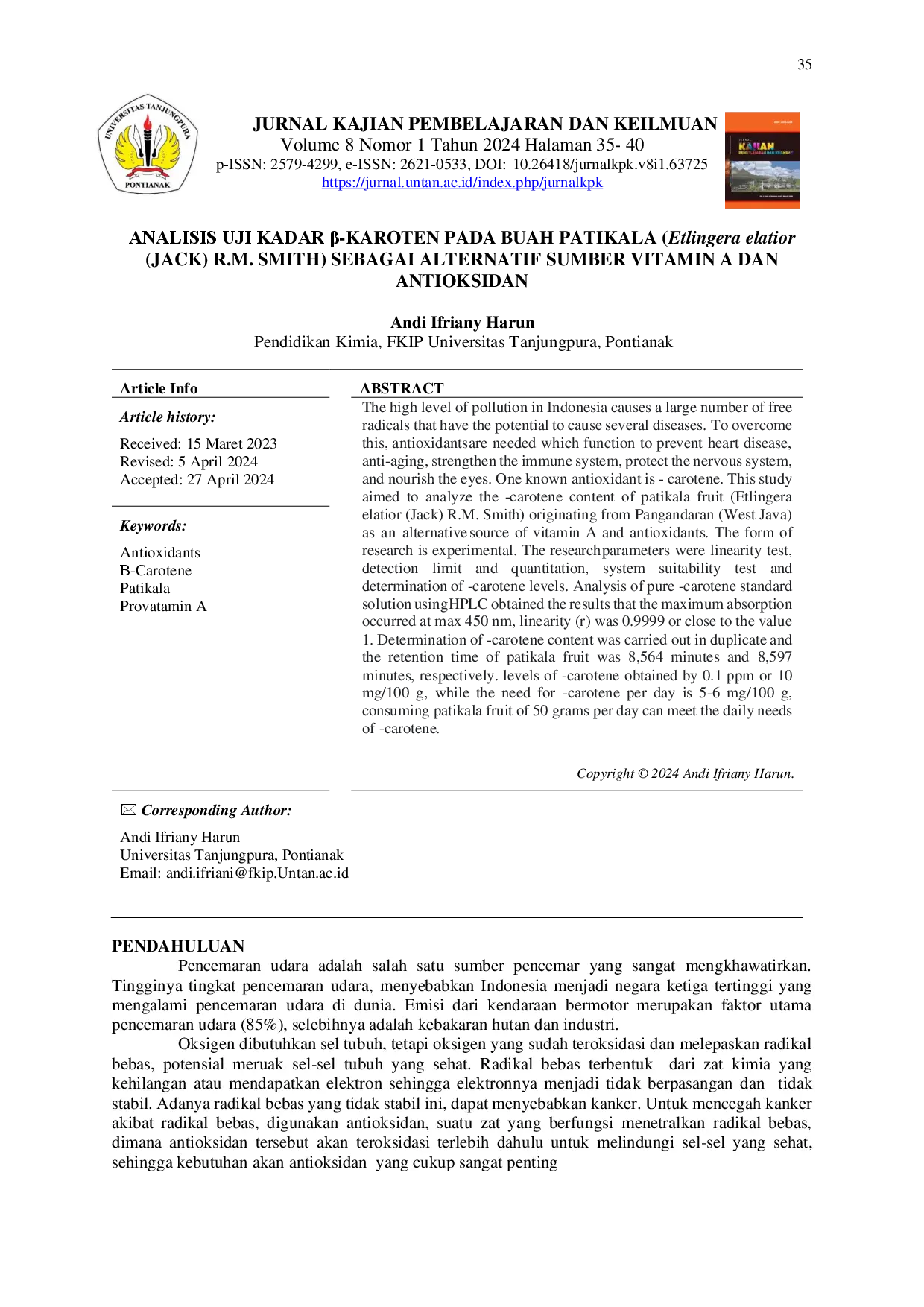 juris ANALISIS UJI KADAR KAROTEN PADA BUAH PATIKALA Etlingera elatior JACK R M SMITH SEBAGAI ALTERNATIF SUMBER VITAMIN A DAN ANTIOKSIDAN