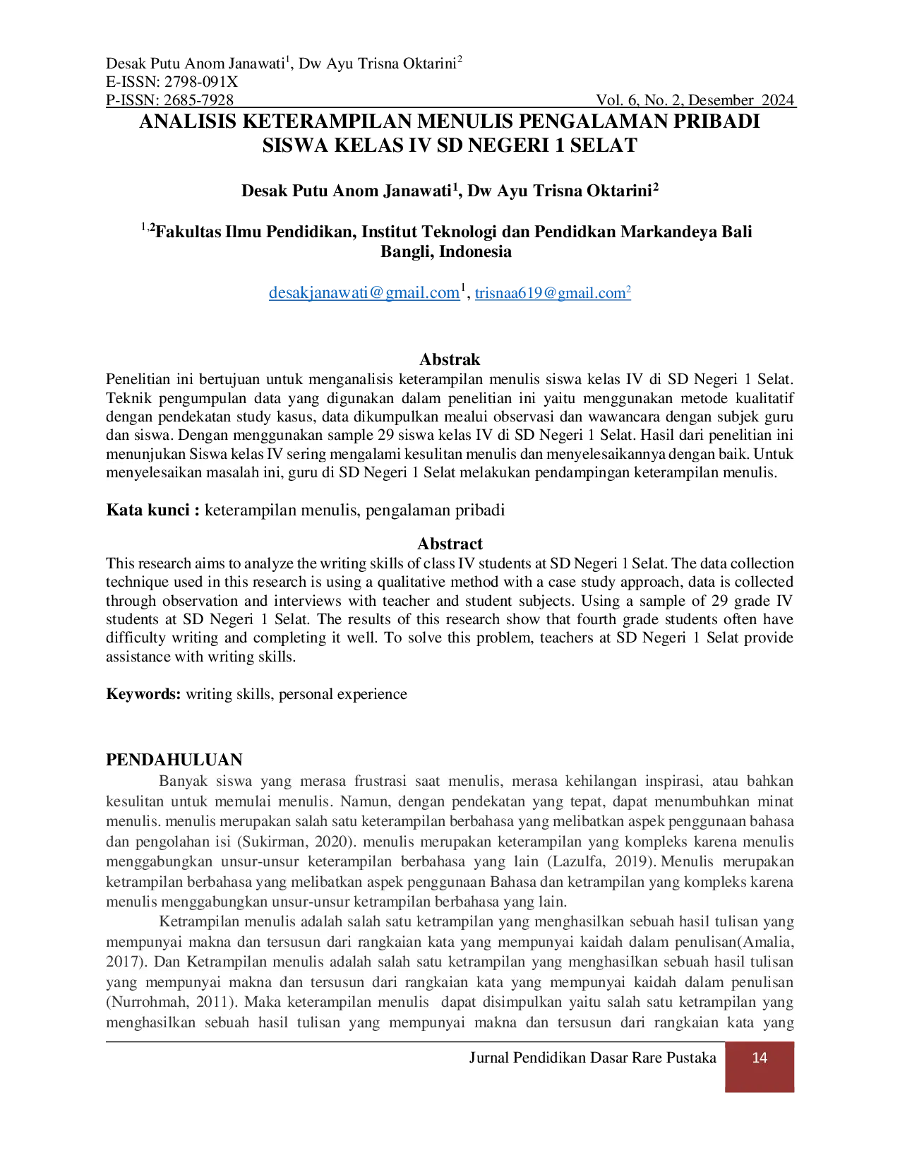 JURIS Analisis Keterampilan Menulis Pengalaman Pribadi Siswa Kelas IV SD Negeri 1 Selat