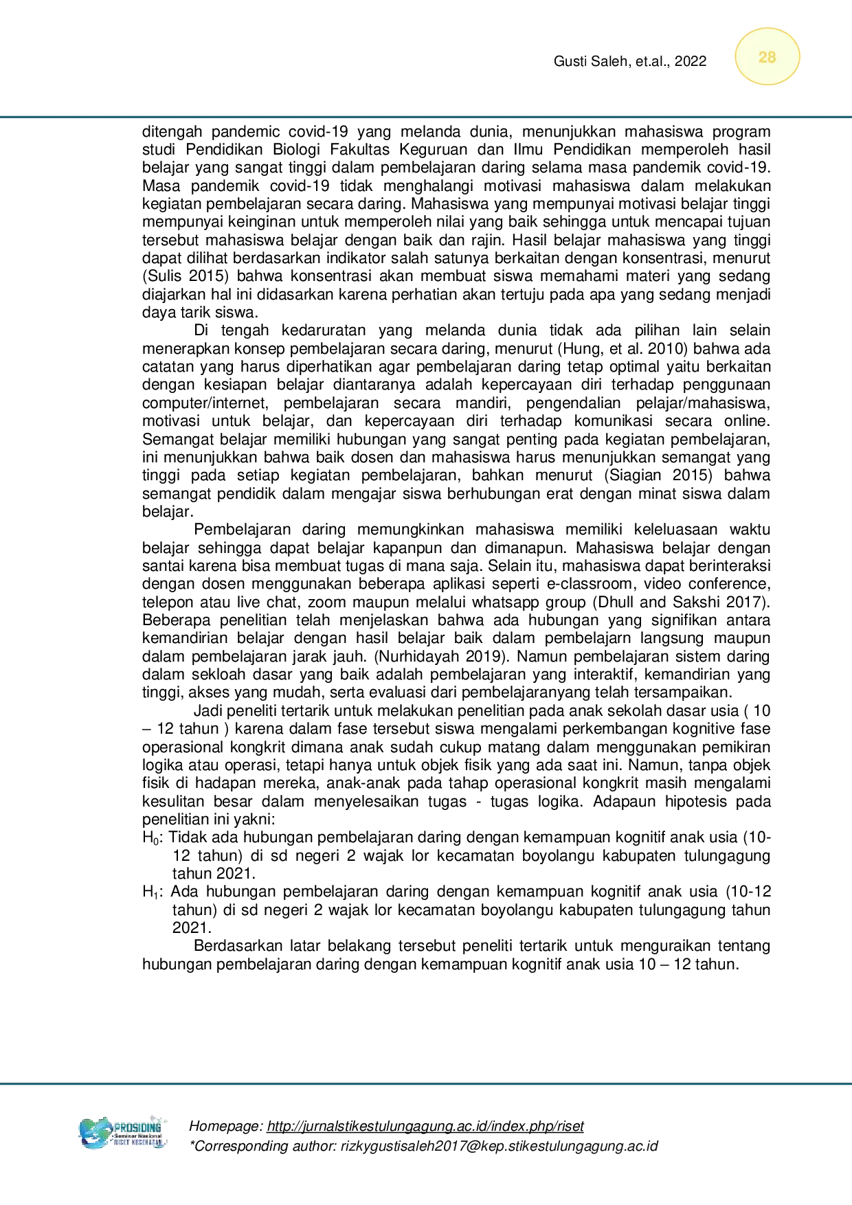 JURIS Hubungan Pembelajaran Daring Dengan Kemampuan Kognitif Anak Usia 10 12 Tahun di SD Negeri 2 Wajak Lor Kecamatan Boyolangu Kabupaten Tulungagung Tahun 2021