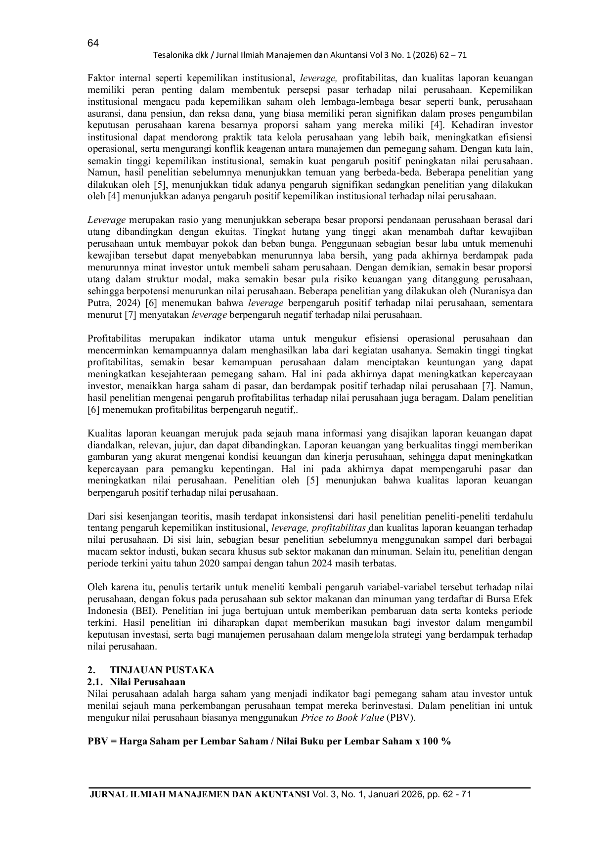 JURIS Pengaruh Kepemilikan Institusional Leverage Profitabilitas dan Kualitas Laporan Keuangan terhadap Nilai Perusahaan Studi Empiris pada Sub Sektor Makanan dan Minuman di BEI Periode 2020 2024