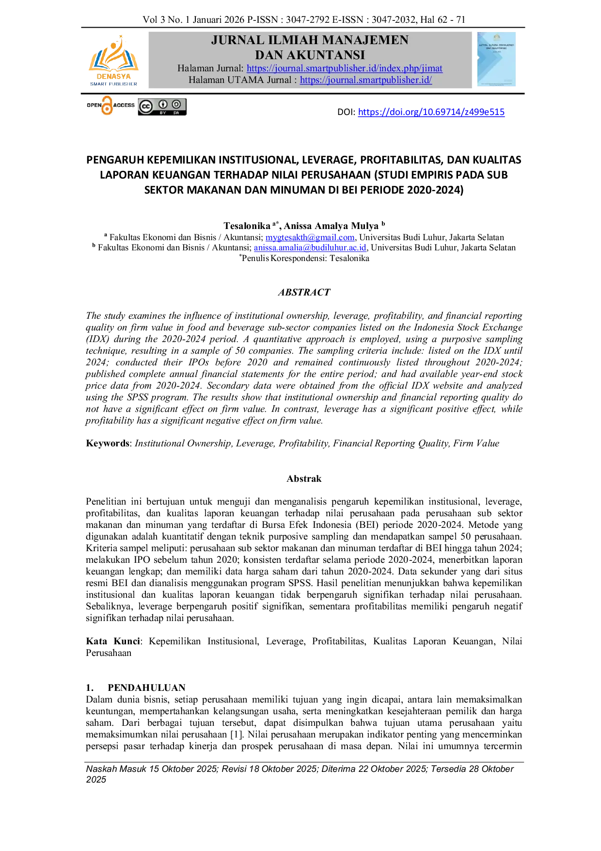 JURIS Pengaruh Kepemilikan Institusional Leverage Profitabilitas dan Kualitas Laporan Keuangan terhadap Nilai Perusahaan Studi Empiris pada Sub Sektor Makanan dan Minuman di BEI Periode 2020 2024
