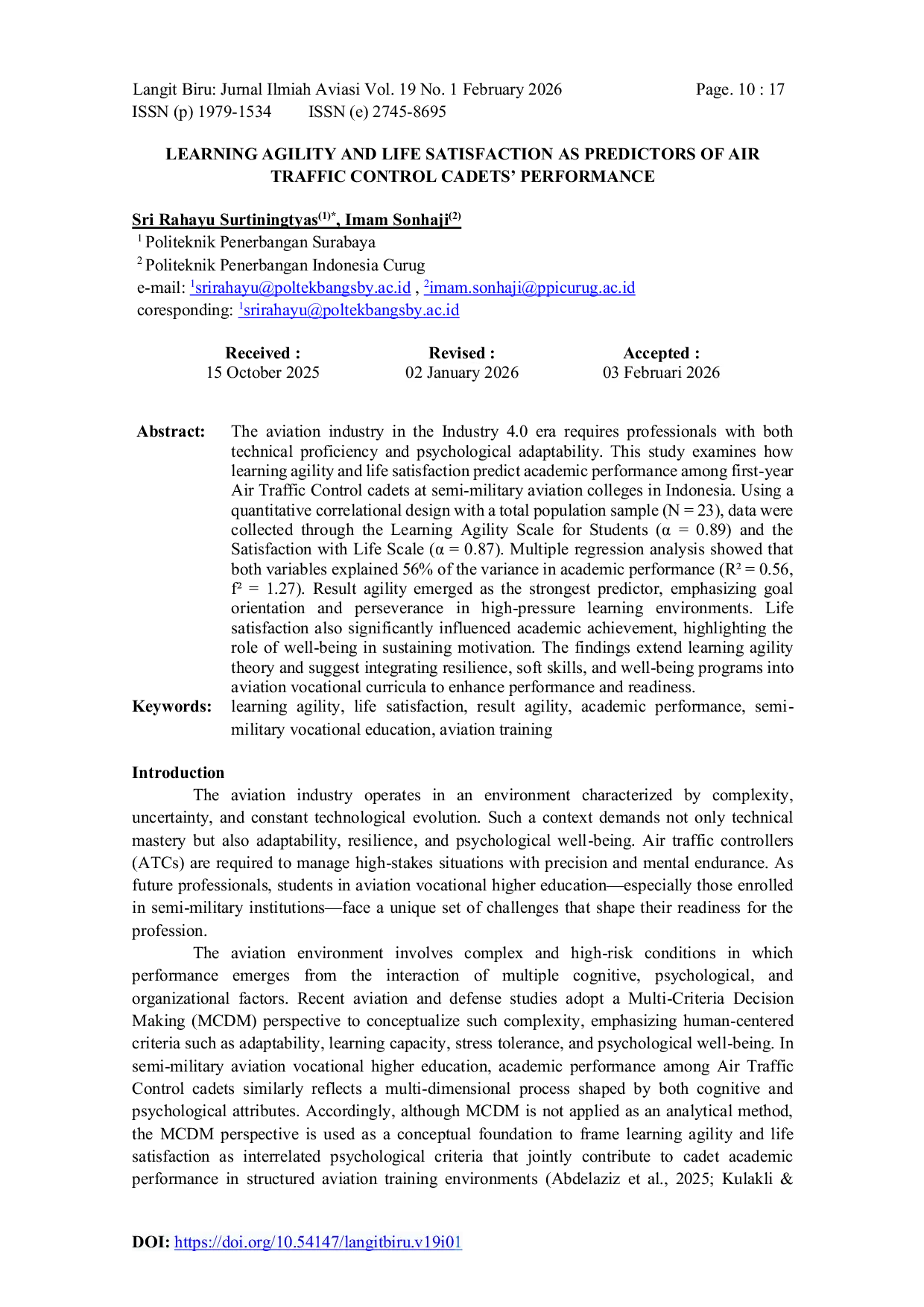 JURIS Learning Agility and Life Satisfaction as Predictors of Air Traffic Control Cadets Performance