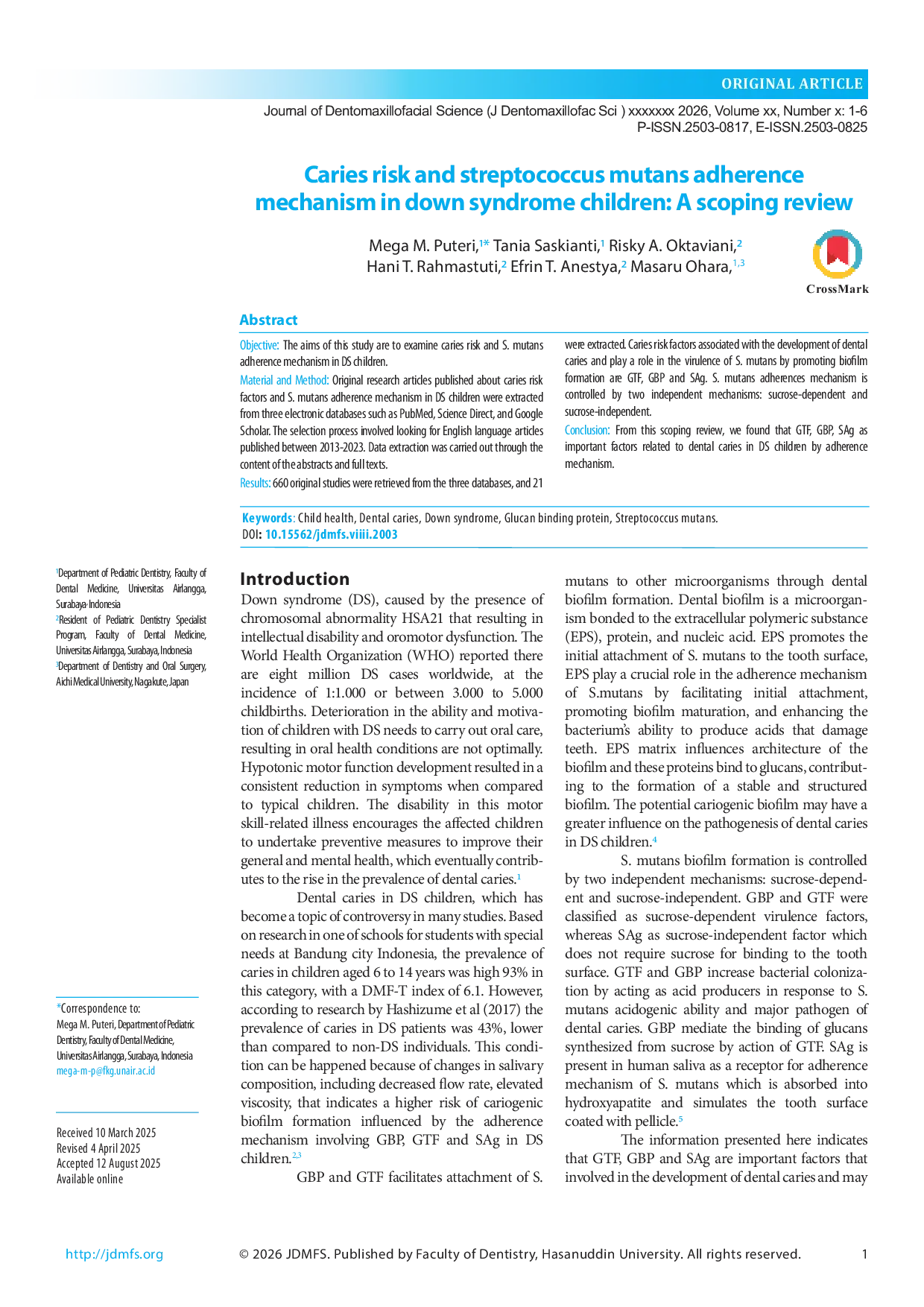 JURIS Caries Risk and Streptococcus Mutans Adherence Mechanism in Down Syndrome Children A Scoping Review