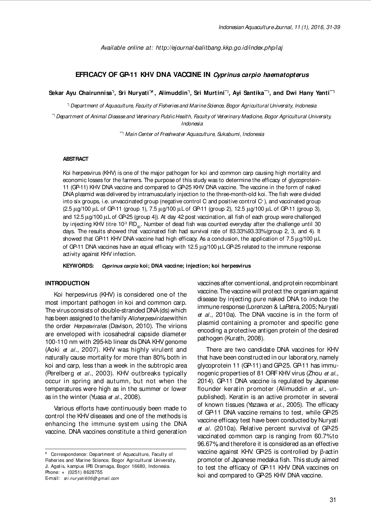 juris EFFICACY OF GP 11 KHV DNA VACCINE IN Cyprinus carpio koi