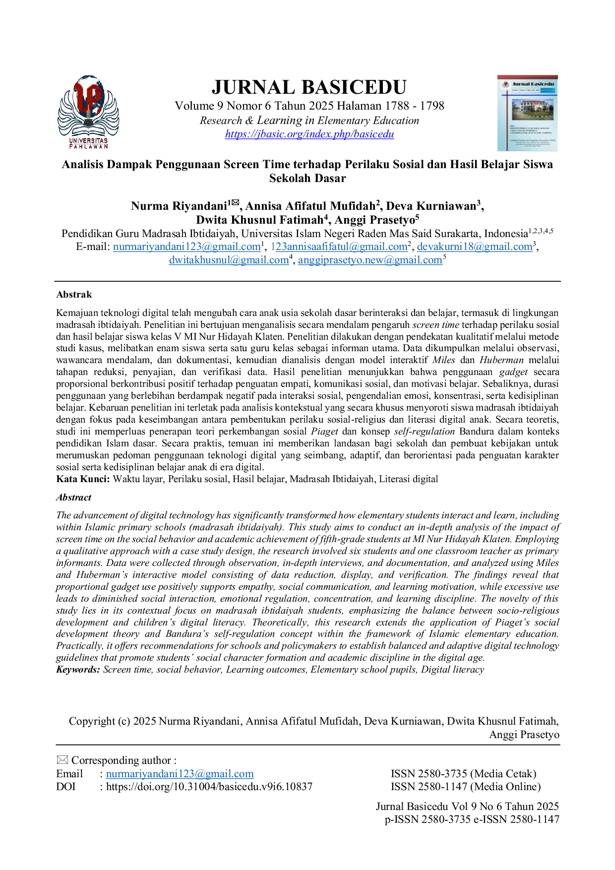 JURIS Analisis Dampak Penggunaan Screen Time terhadap Perilaku Sosial dan Hasil Belajar Siswa Sekolah Dasar