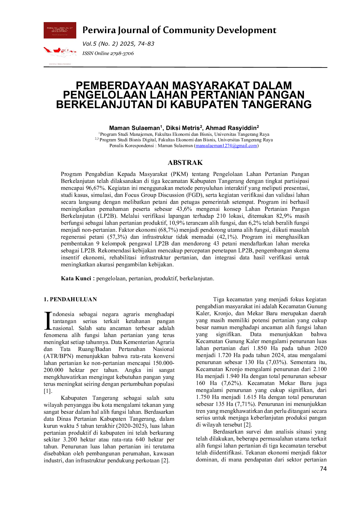JURIS Pemberdayaan Masyarakat Dalam Pengelolaan Lahan Pertanian Pangan Berkelanjutan Di Kabupaten Tangerang