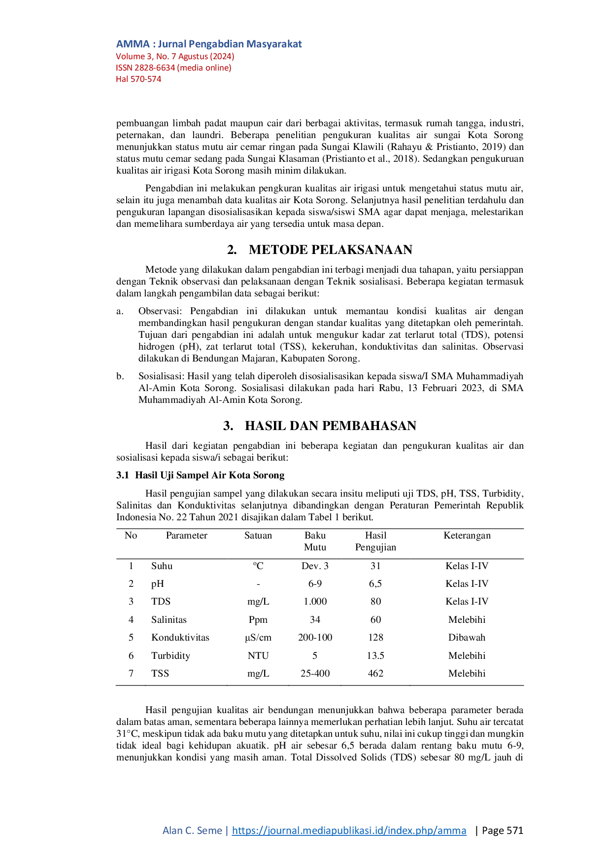 JURIS Sosialisasi Kualitas Air Kota Sorong Sebagai Upaya Warning Sumber Daya Air Untuk Masa Depan