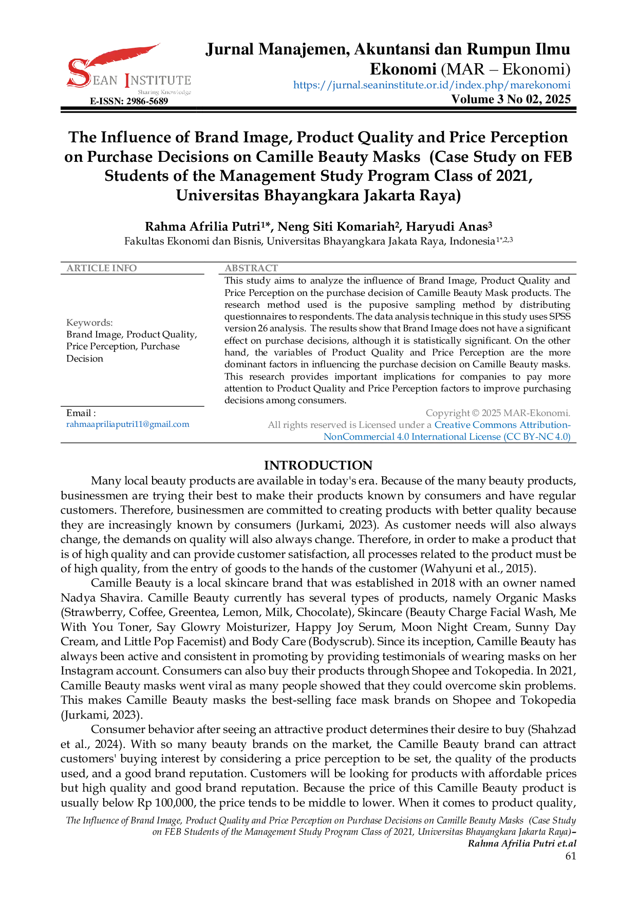 JURIS The Influence of Brand Image Product Quality and Price Perception on Purchase Decisions on Camille Beauty Masks Case Study on FEB Students of the Management Study Program Class of 2021 Universitas