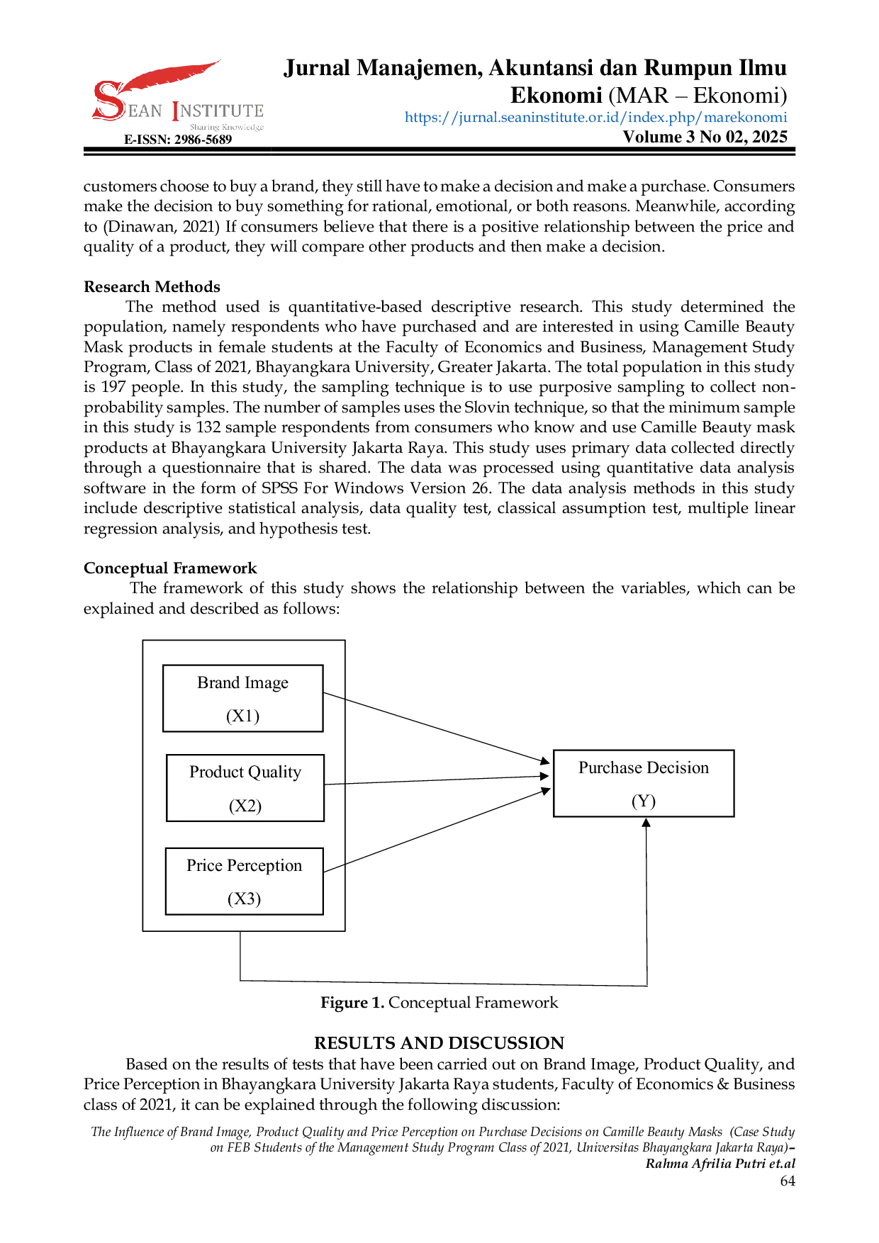 JURIS The Influence of Brand Image Product Quality and Price Perception on Purchase Decisions on Camille Beauty Masks Case Study on FEB Students of the Management Study Program Class of 2021 Universitas