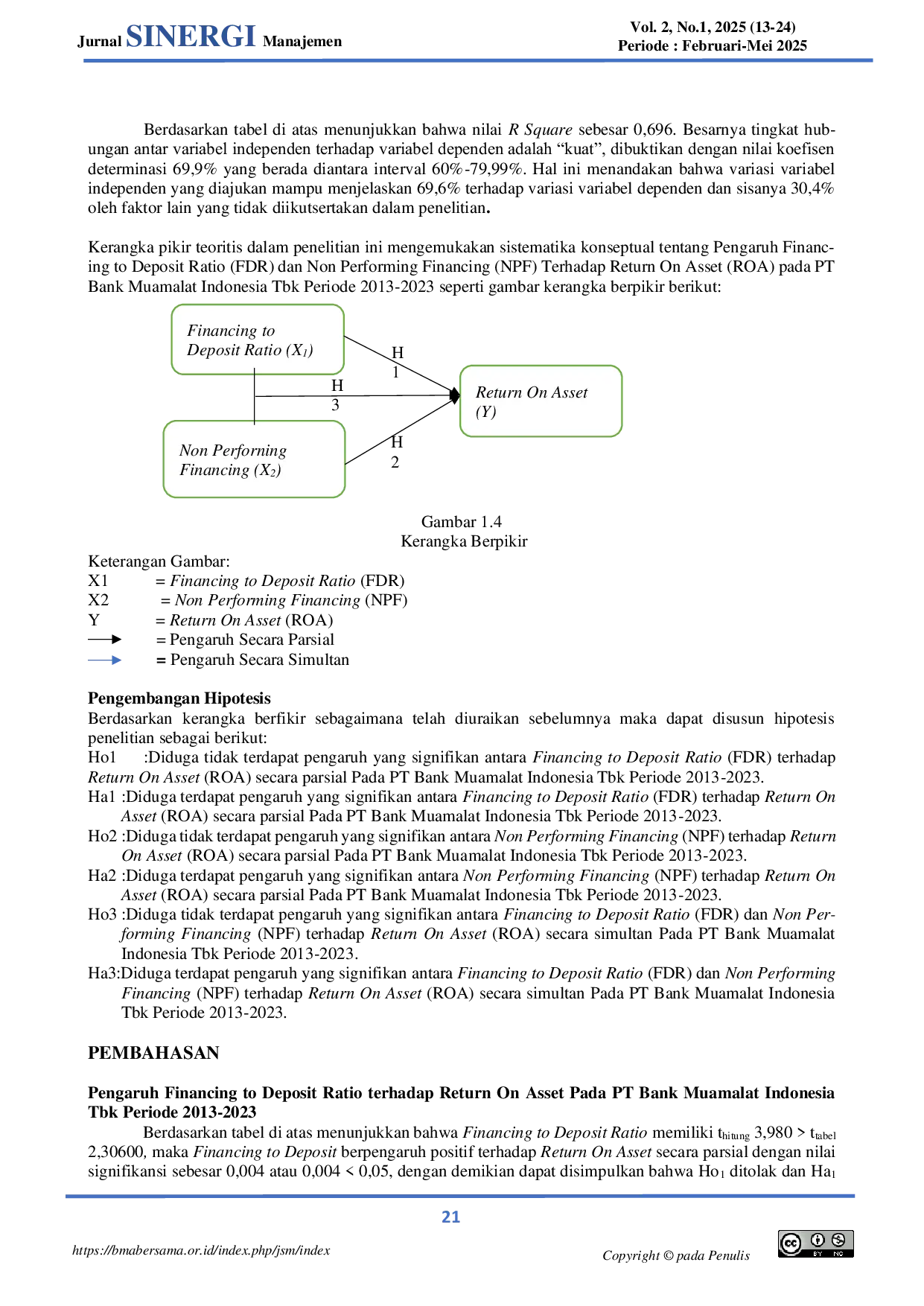 JURIS Pengaruh Financing To Deposit Ratio FDR Dan Non Performing Financing NPF Terhadap Return On Asset ROA Pada PT Bank Muamalat Indonesia Tbk Periode 2013 2023