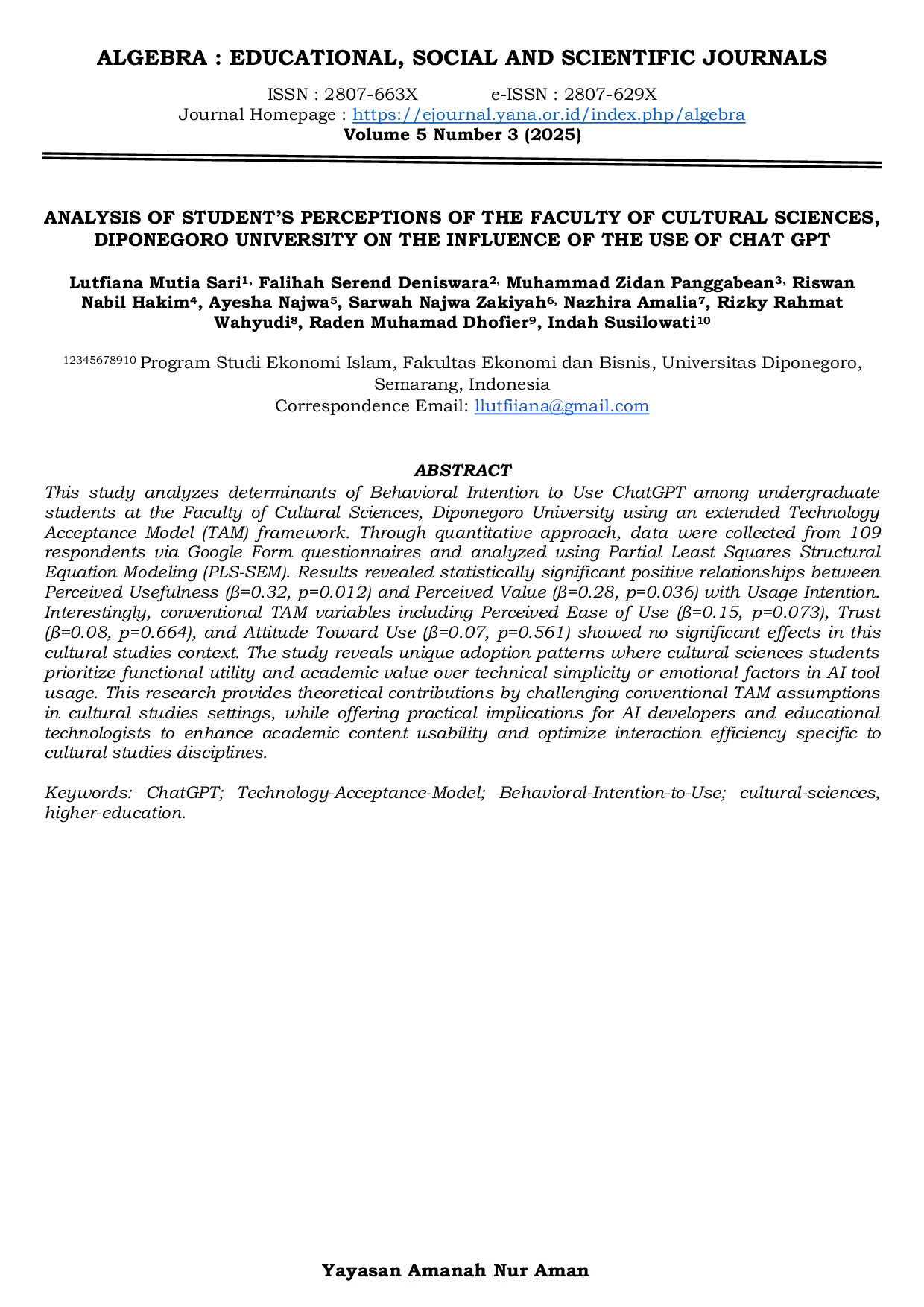 JURIS Analysis of Students Perceptions of the Faculty of Cultural Sciences Diponegoro University on the Influence of the Use of Chat GPT