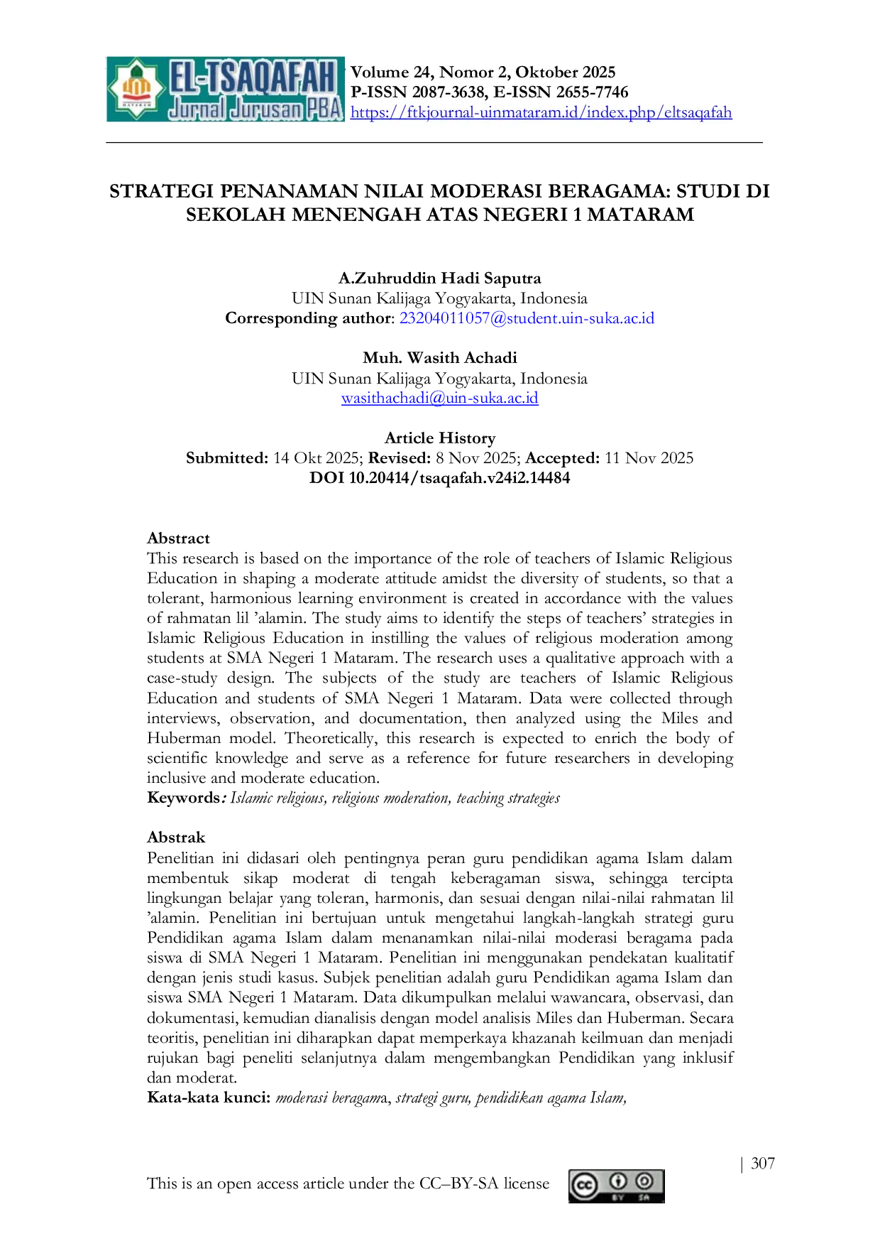 JURIS Strategi Penanaman Nilai Moderasi Beragama Studi Di Sekolah Menengah Atas Negeri 1 Mataram