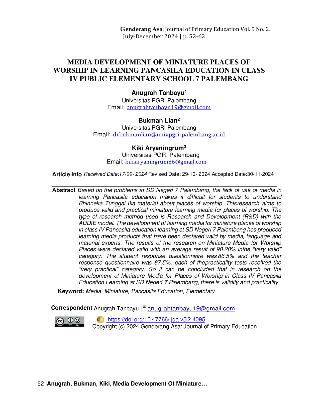 JURIS Media Development Of Miniature Places Of Worship in Learning Pancasila Education in Class IV Public Elementary School 7 Palembang