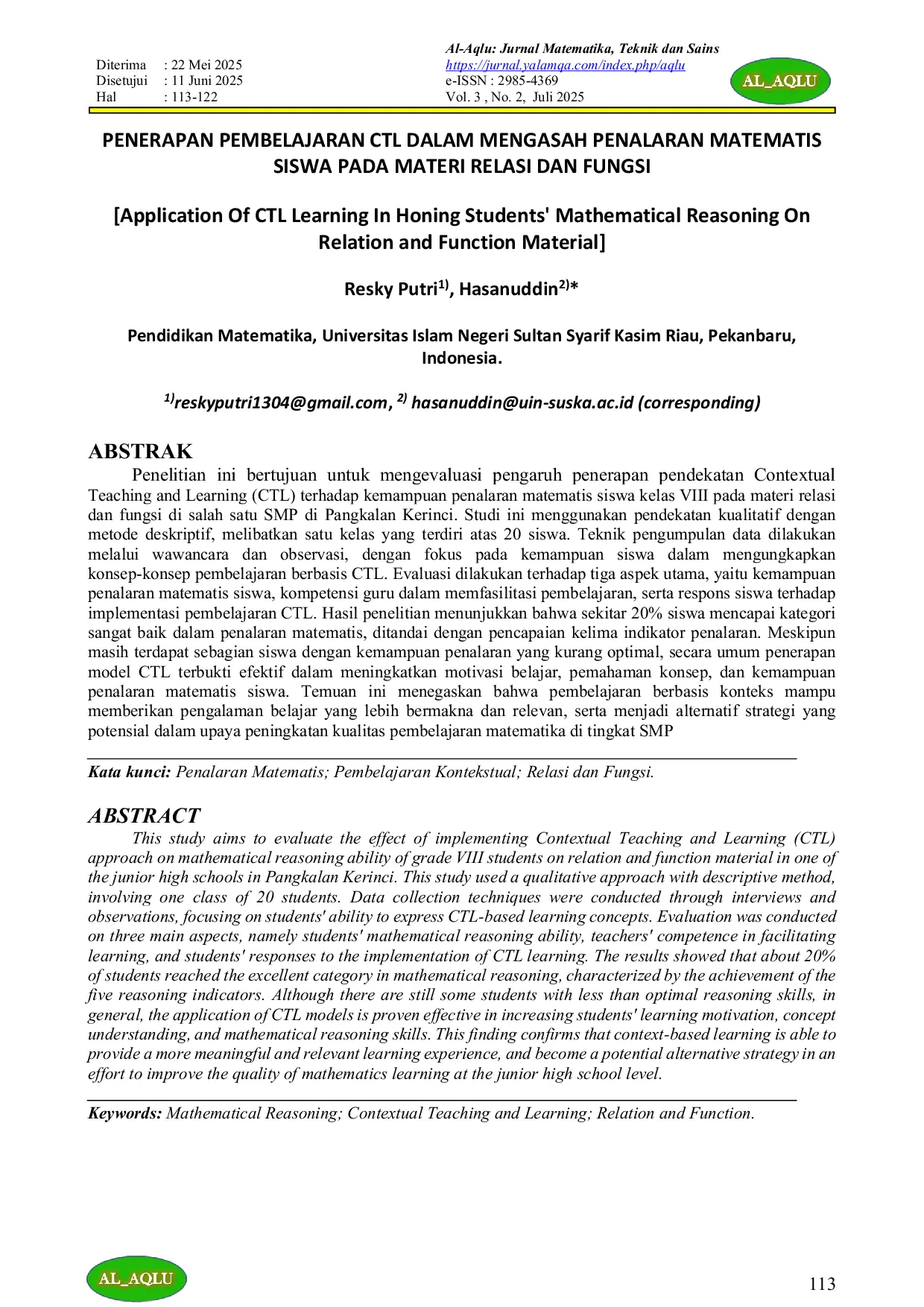 JURIS PENERAPAN PEMBELAJARAN CTL DALAM MENGASAH PENALARAN MATEMATIS SISWA PADA MATERI RELASI DAN FUNGSI Application Of CTL Learning In Honing Students Mathematical Reasoning On Relation and Function Mater